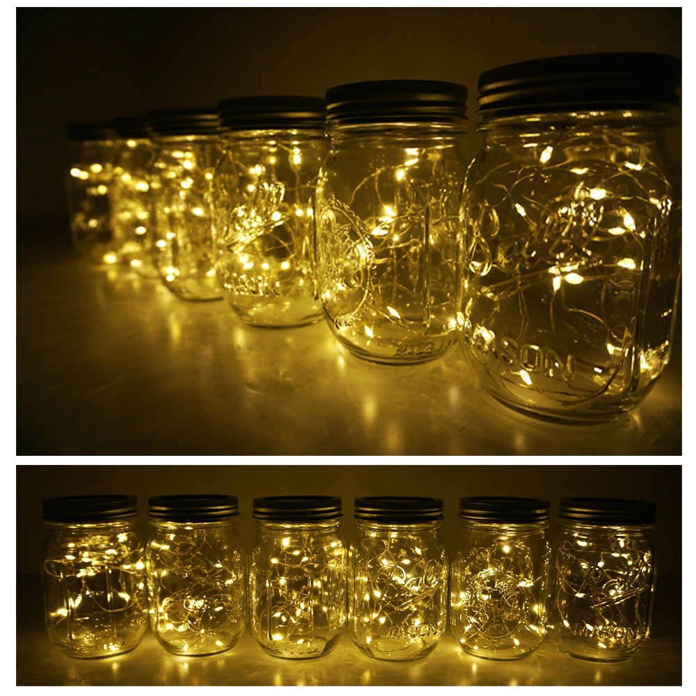 Decorman Solar Mason Jar Lights, 20 LED, Warm White, 8 Pack Waterproof Fairy Star Firefly Lids for Patio Garden Wedding Decoration