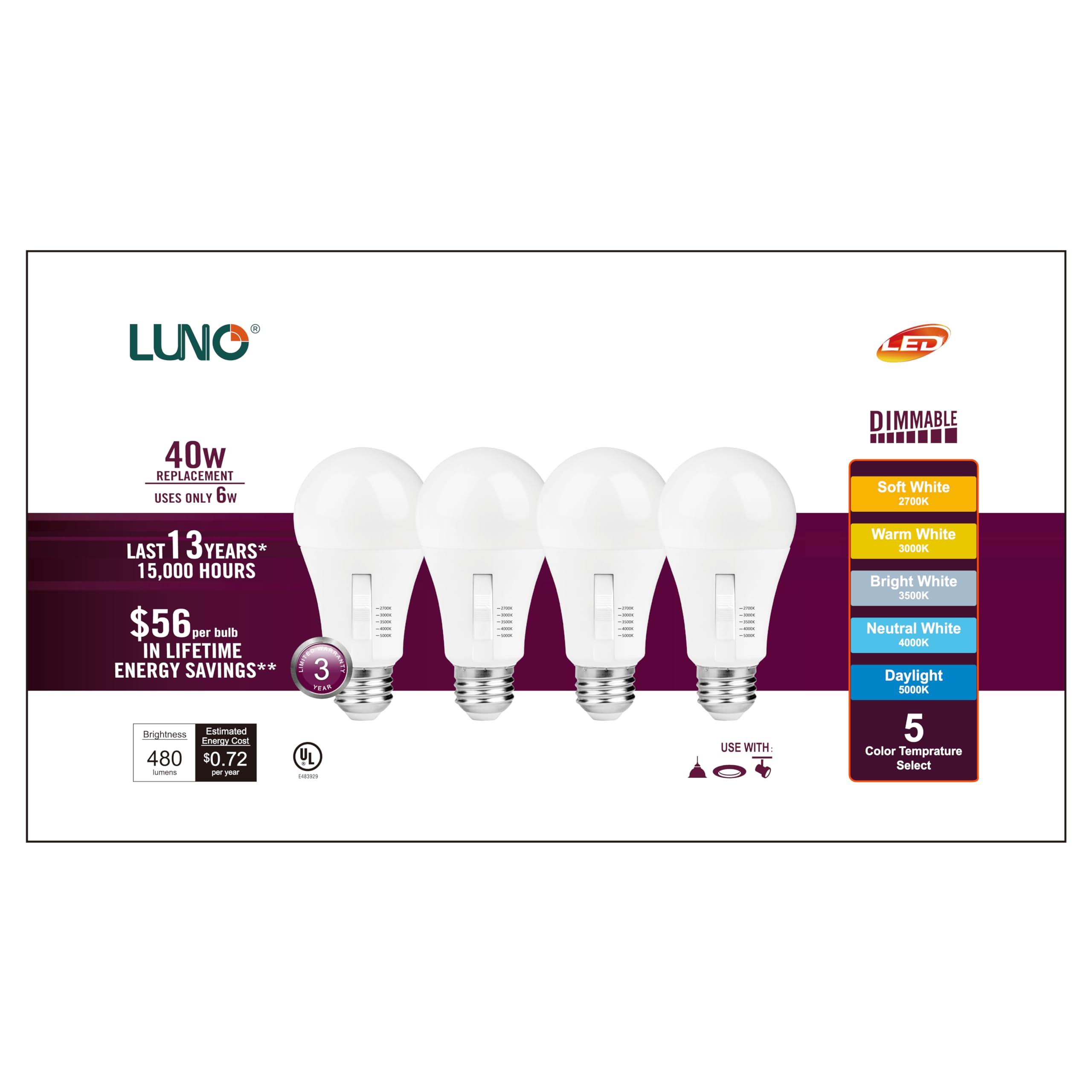Luno A19 Dimmable Led Bulb, 6W (40W Equivalent), 480 Lumens, 4000K (Neutral White), Medium Base (E26), Ul Listed (4-Pack)