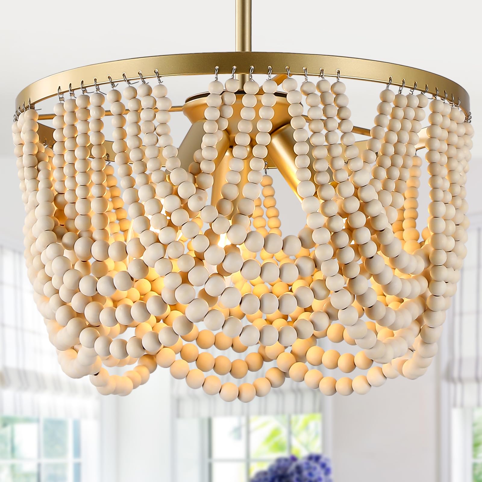 Bohemia Wood Beaded Chandelier, 3-Light Boho Light Fixture, 12.6inch Boho Chandelier Light Fixtures for Dining Room, Bedroom, Li
