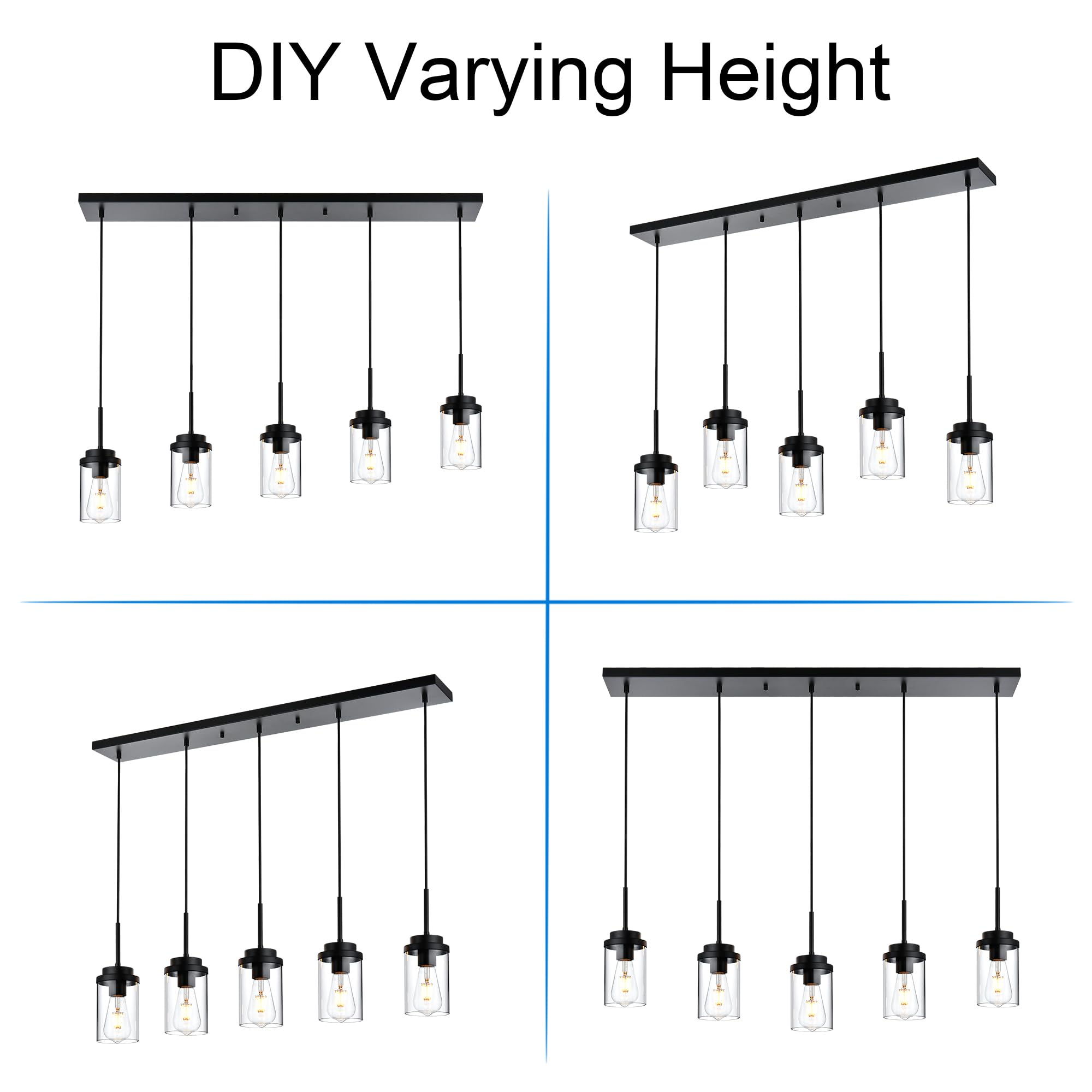 MELUCEE 5 Lights Kitchen Island Lighting - Modern Black Linear Chandelier with Clear Glass Shades, 40.1 Inches Length