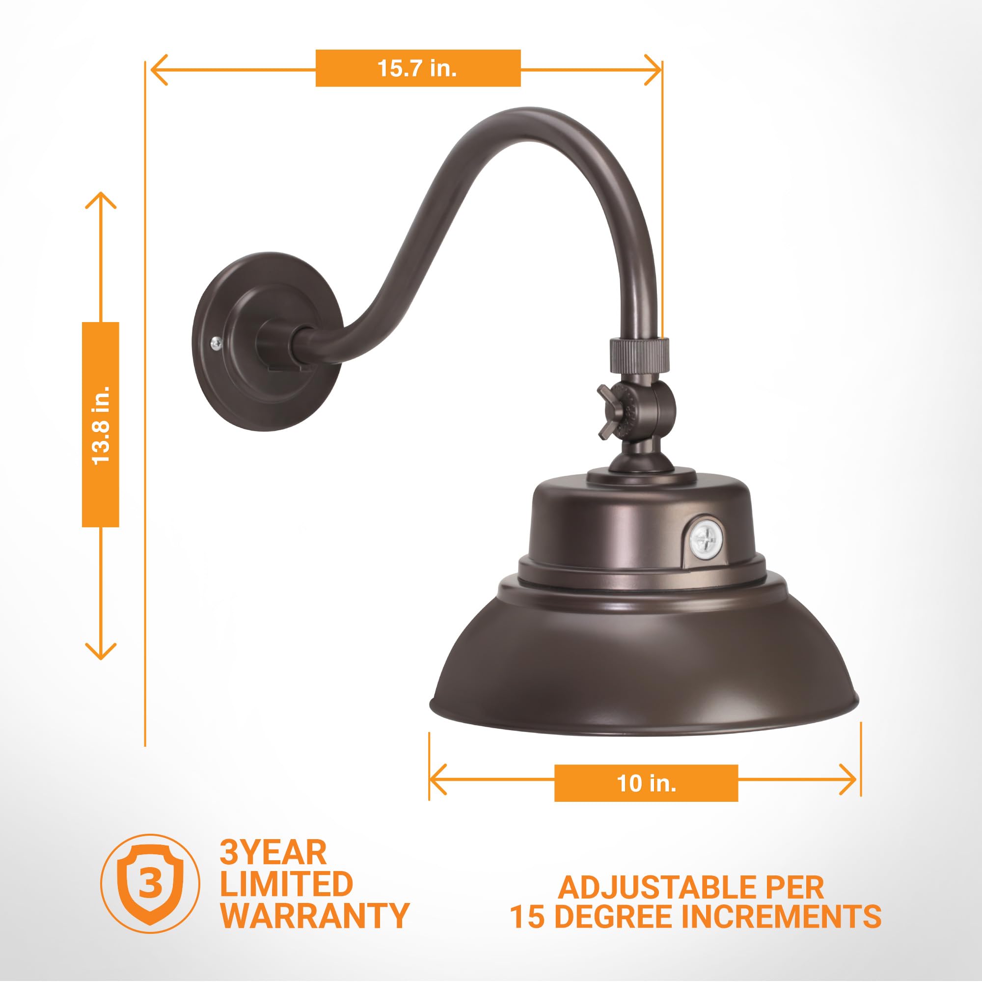 10In. Bronze Gooseneck Barn Light Led Fixture For Indoor/Outdoor Use - Photocell Included - Swivel Head - 25W - 2000Lm - Energy