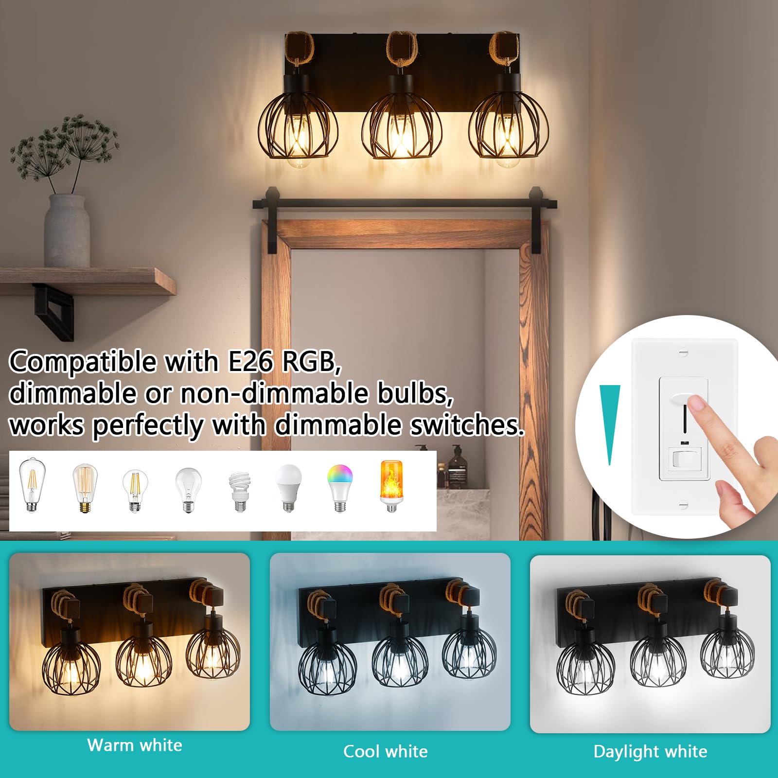 Farmhouse Bathroom Light Fixtures, 3 Light Wood Bathroom Lights Over Mirror, Rustic Rattan Black Vanity Light With Globe Metal Lampshade, Sconces Wall Lighting For Bathroom, Living Bedroom Hallway