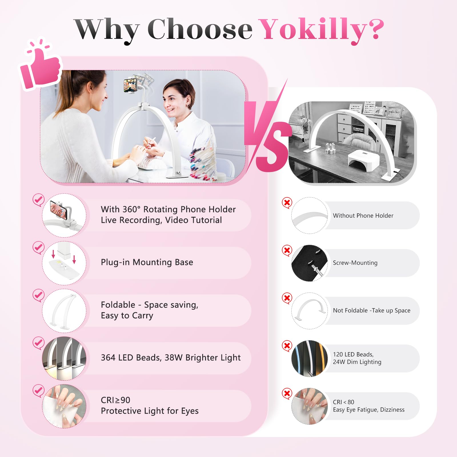 Yokilly Half Moon Desk Lamp - 29" Foldable Light with Phone Holder, 3 Color Modes, 10 Brightness Levels, Large, White