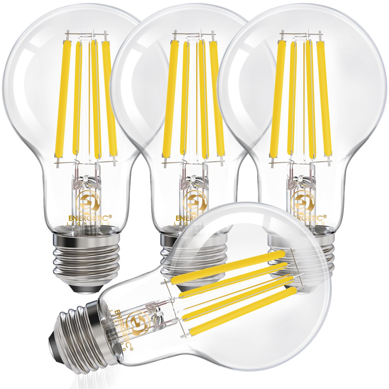 E ENERGETIC LIGHTING A19 LED Edison Light Bulb, 12W/100W, 1600LM, 5000K Daylight, Glass, 4-Pack