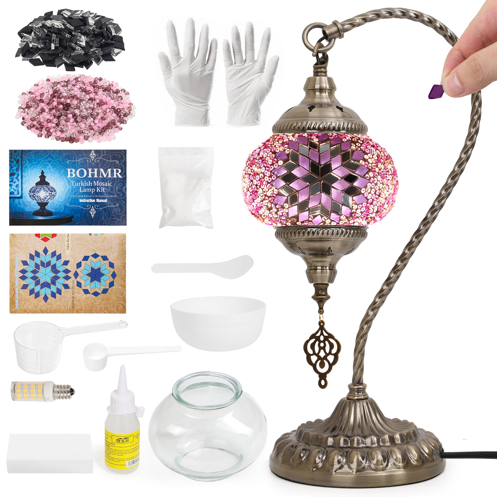 BOHMR DIY Turkish Mosaic Lamp Kit for For Mature Userss Swan-Neck Stained Glass Lamp Making Kit- Easy Fun No Experience Needed  Mosaic Art & Craft Project Kits for For Mature Userss & Teens Make Your Own Table Lamp Pink