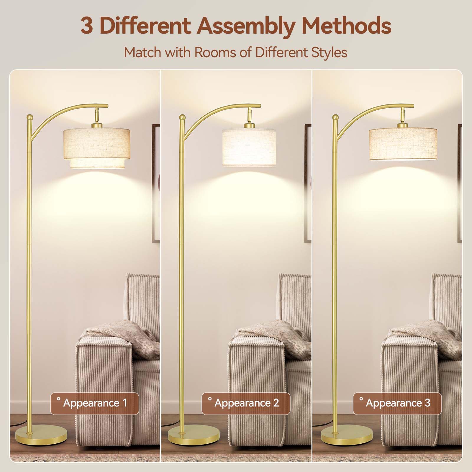 SUNMORY Arc Floor Lamp with 12W LED Bulb, Adjustable Double Fabric Shades, Gold, Model SR000149A, Linen Lampshade