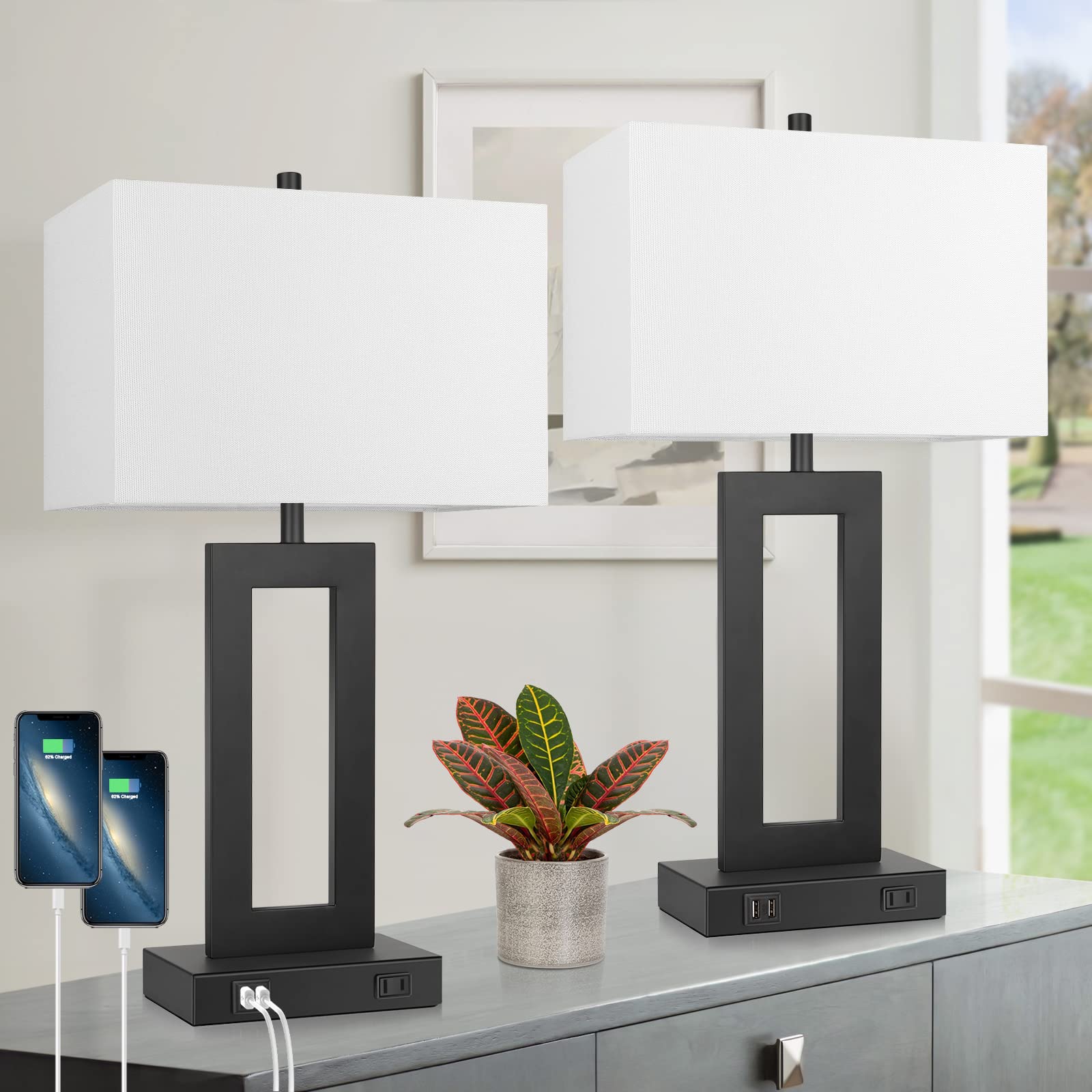 TOBUSA Modern Touch Control Table Lamps Set of 2 with USB Ports, 3-Way Dimmable, White Fabric Shade, Includes 2 LED Bulbs, Model T0344 BK+