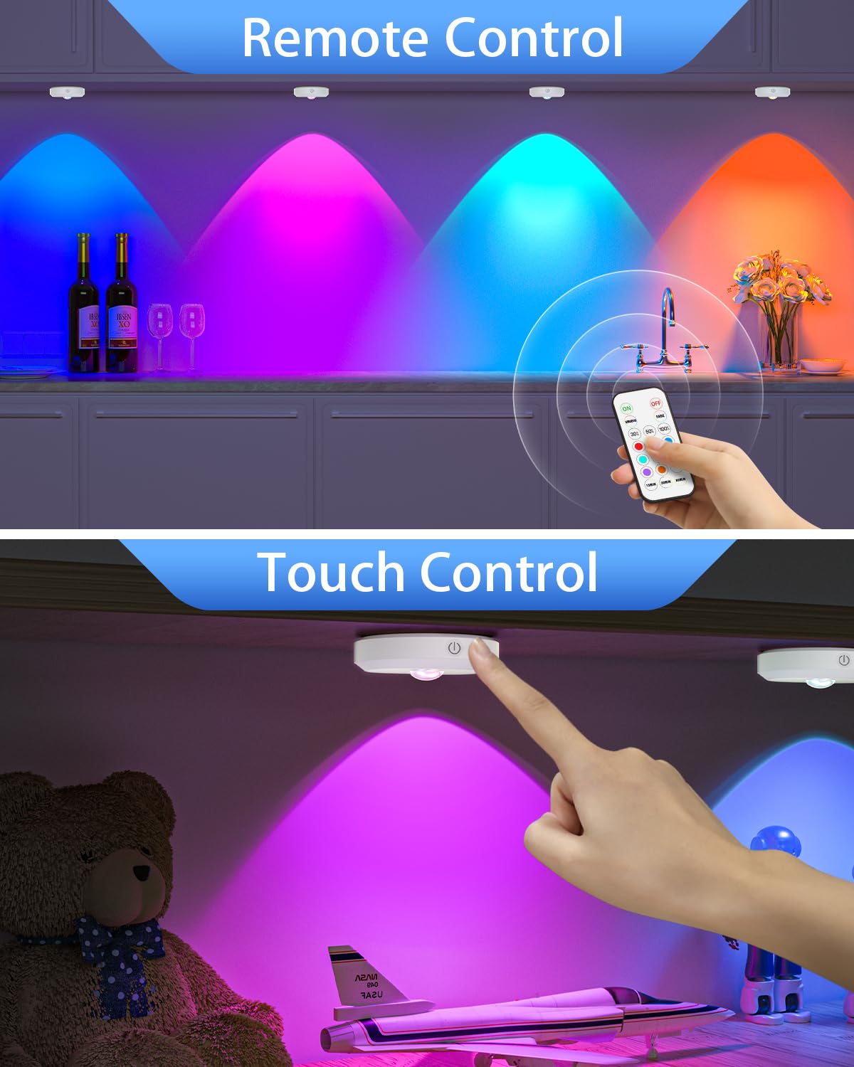 Willed Rgb Rechargeable Puck Lights With Remote Control, Under Cabinet Lighting Wireless, Dimmable Push Lights, Multicolor And T