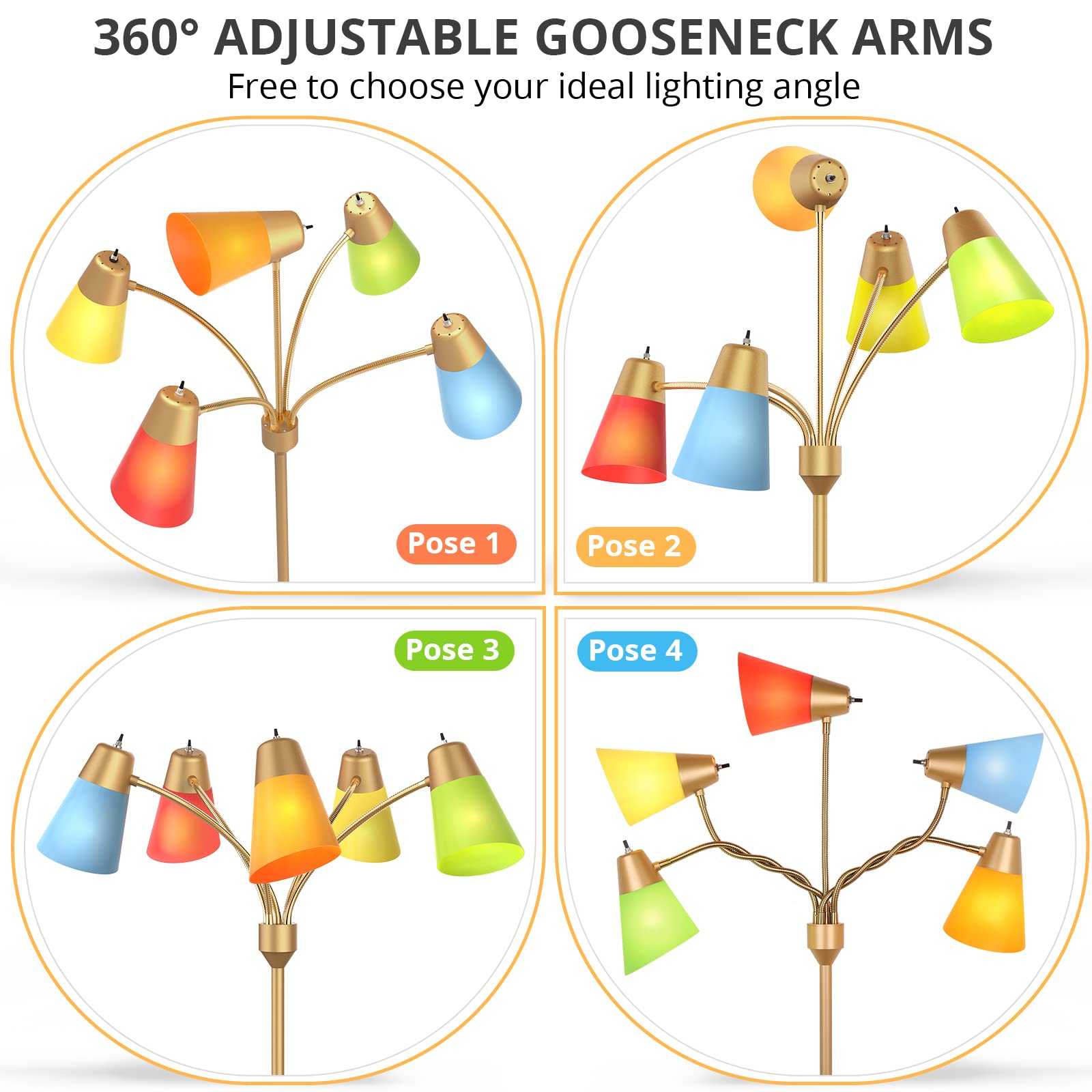 Folksmate Led Floor Lamp, Medusa Multi Head Modern Tall Standing Lamps, Adjustable Corner Reading Floor Light For Living Room, B