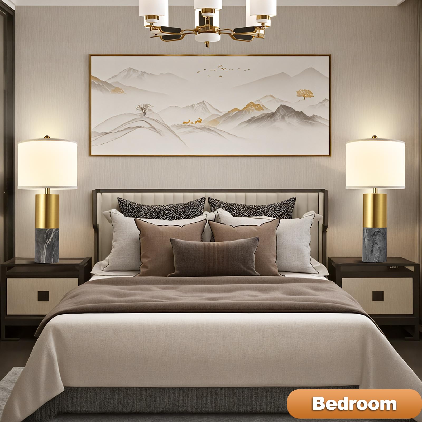 22'' Faux Marble Table Lamps Set Of 2, Modern 3-Color Temperature Table Lamps With Fabric Shades, Contemporary Bedside Nightstan