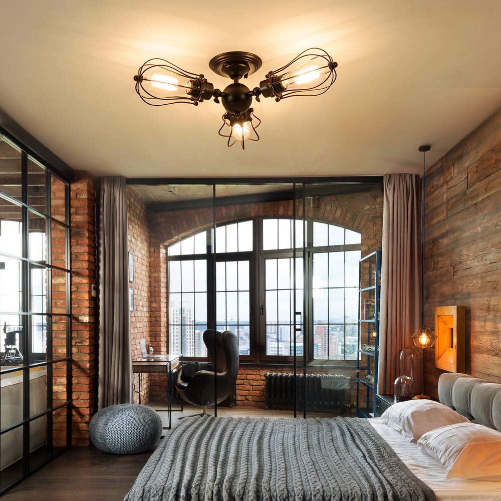 Luling Vintage Ceiling Light Industrial, Chandeliers Adjustable Socket Metal Wire Cage Lamp Semi-Flush Mount Rustic Ceiling Ligh