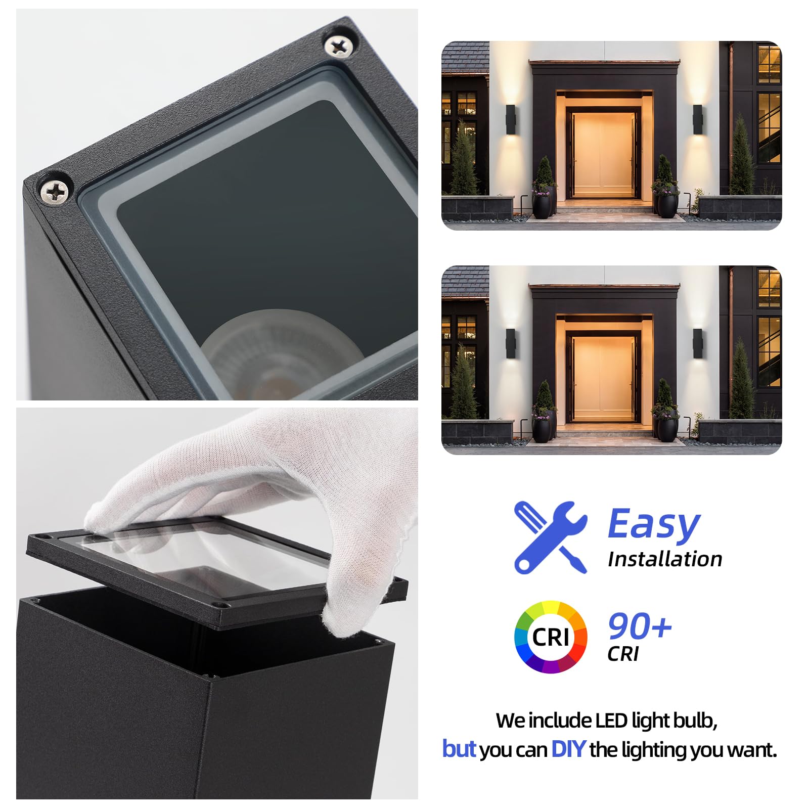 Tewei Led Outdoor Wall Sconce Lights Modern Exterior Lighting Fixtures With 7W Led Bulbs  Matte Black Square Up And Down Outdoor Lights For House Front Porch Garage  Warm White 3000K  6 Pack