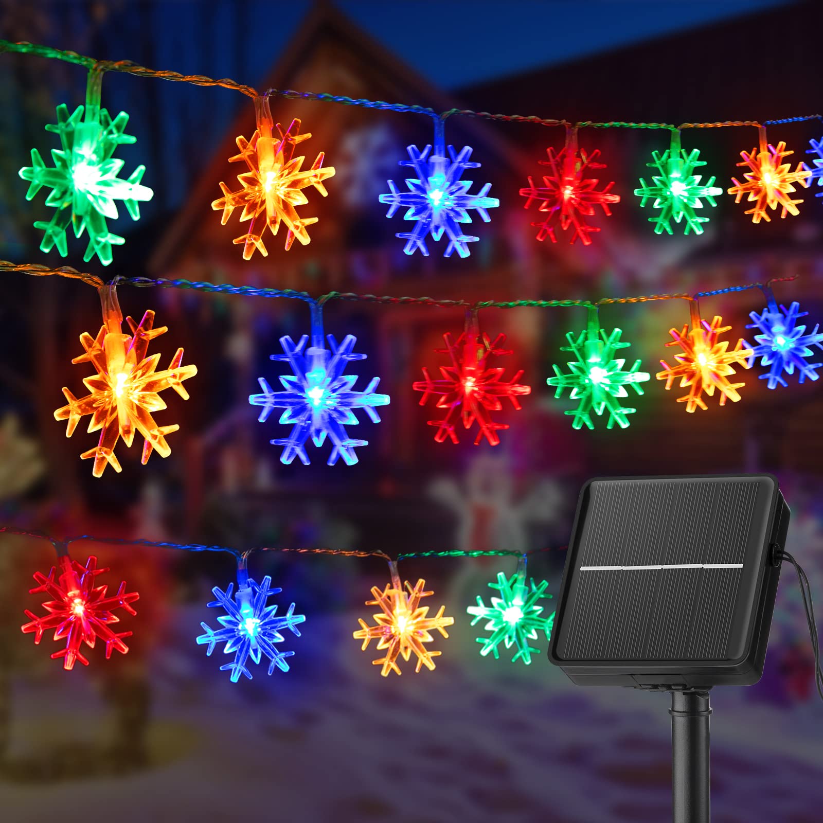Brightown Solar Christmas Snowflake String Lights 100 LED Outdoor Waterproof Multicolor Fairy Lights 39 FT with 8 Lighting Modes