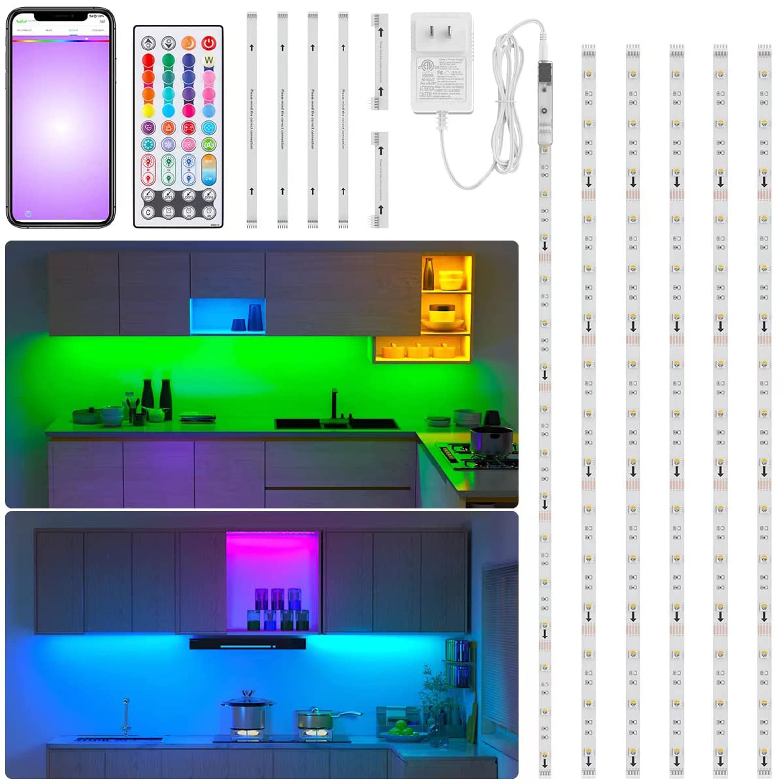 RGBW Under Cabinet Lighting Kit with App and Remote Control 6 PCS LED Strip Lights for Kitchen Cabinet, Counter, TV Shelf, Desk,