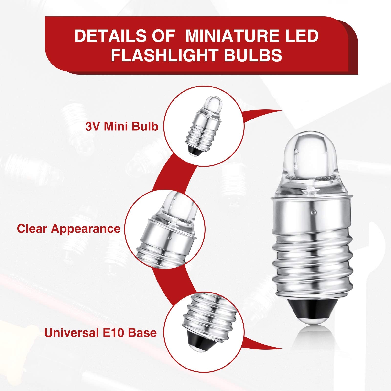 Honoson 10 Pieces E10 Led Bulbs 3 Volt Miniature Flashlight E10 Replacement Bulbs Mini Lamps Cool White