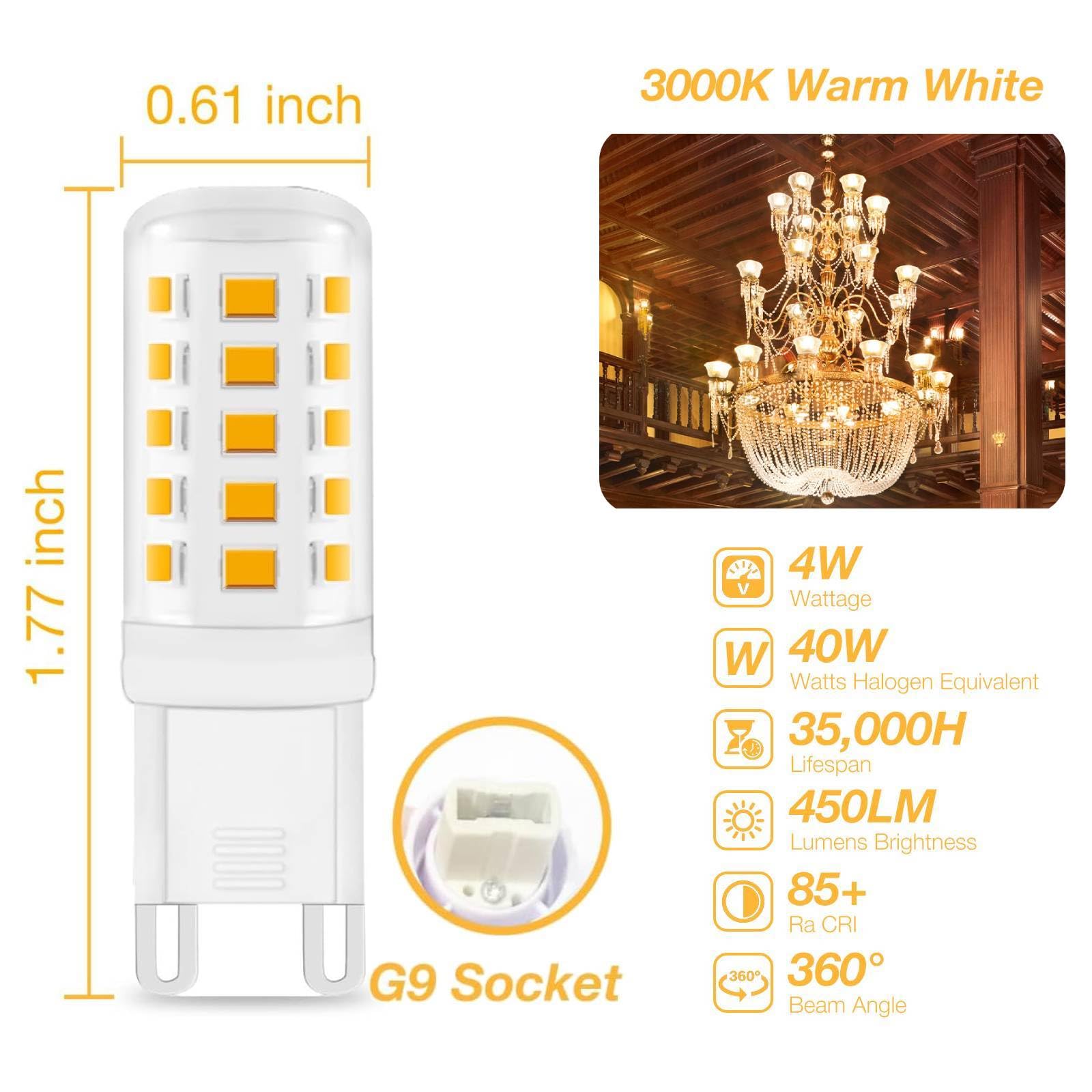 Daybetter G9 Led Bulb 12 Pack 3000K Soft Warm White 4W, Equivalen G9 Halogen Light Bulb 40 Watt, T4 G9 Bi Pin Ceramic Base, 120V
