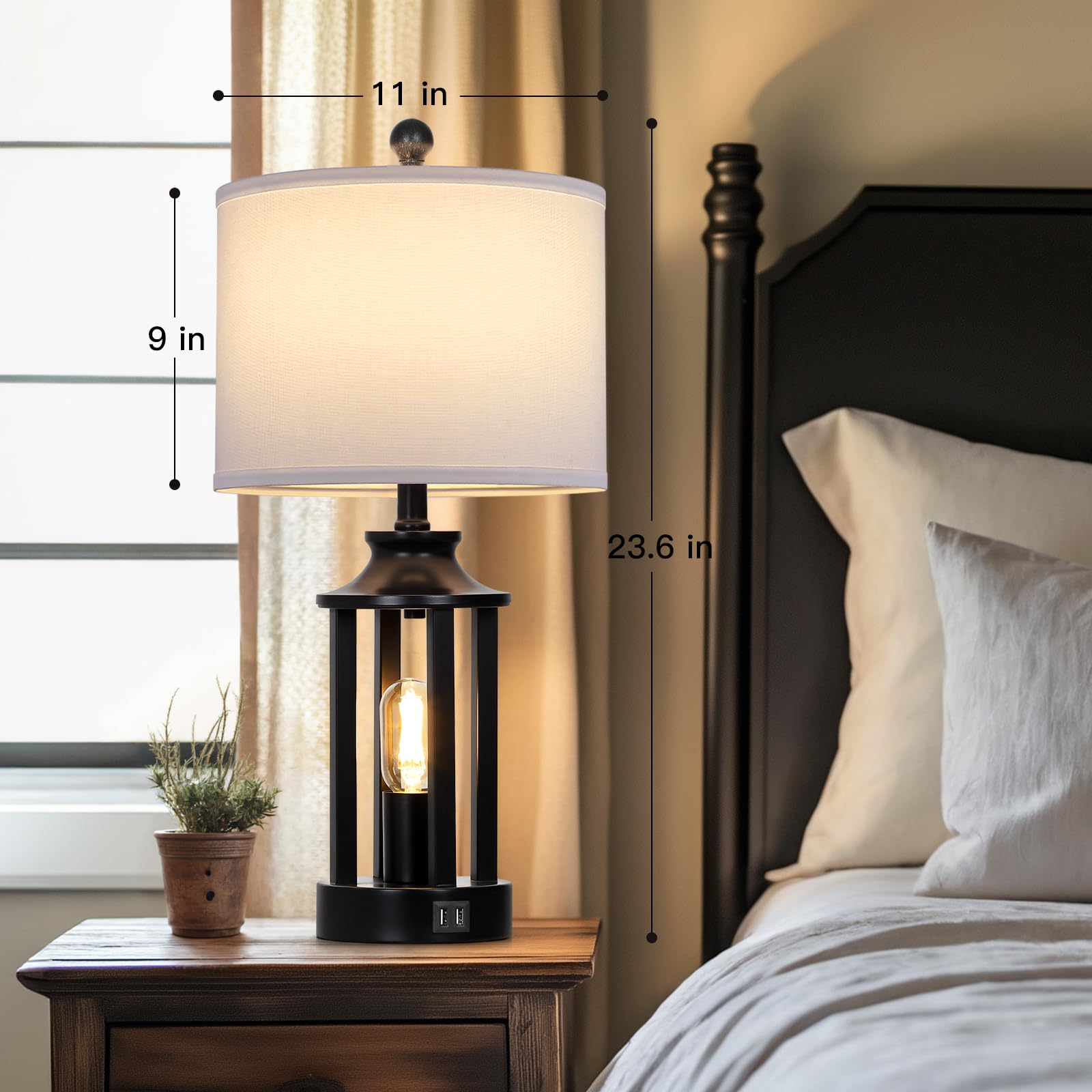Ruzectt Black Living Room Lamps Set of 2, 3-Way Dimmable Touch Control, USB Ports, Large Rustic Bedside Lamp, Model TD-RZ-147