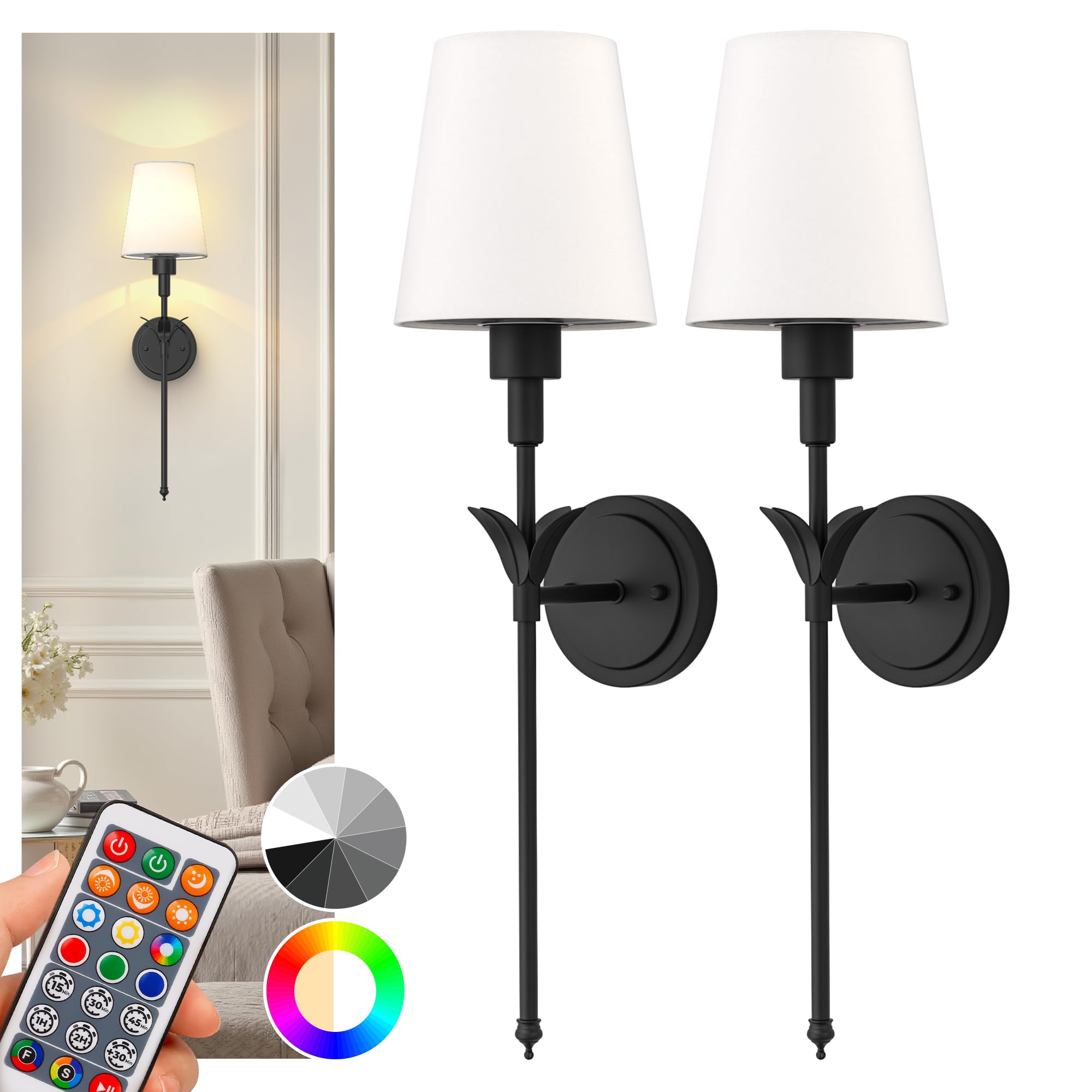 DORESshop Battery Operated Wall Sconce Set of 2, 24.6in Metal Wireless Wall Light, Matte Black, Model SF20250911B0F4XNPJKZ