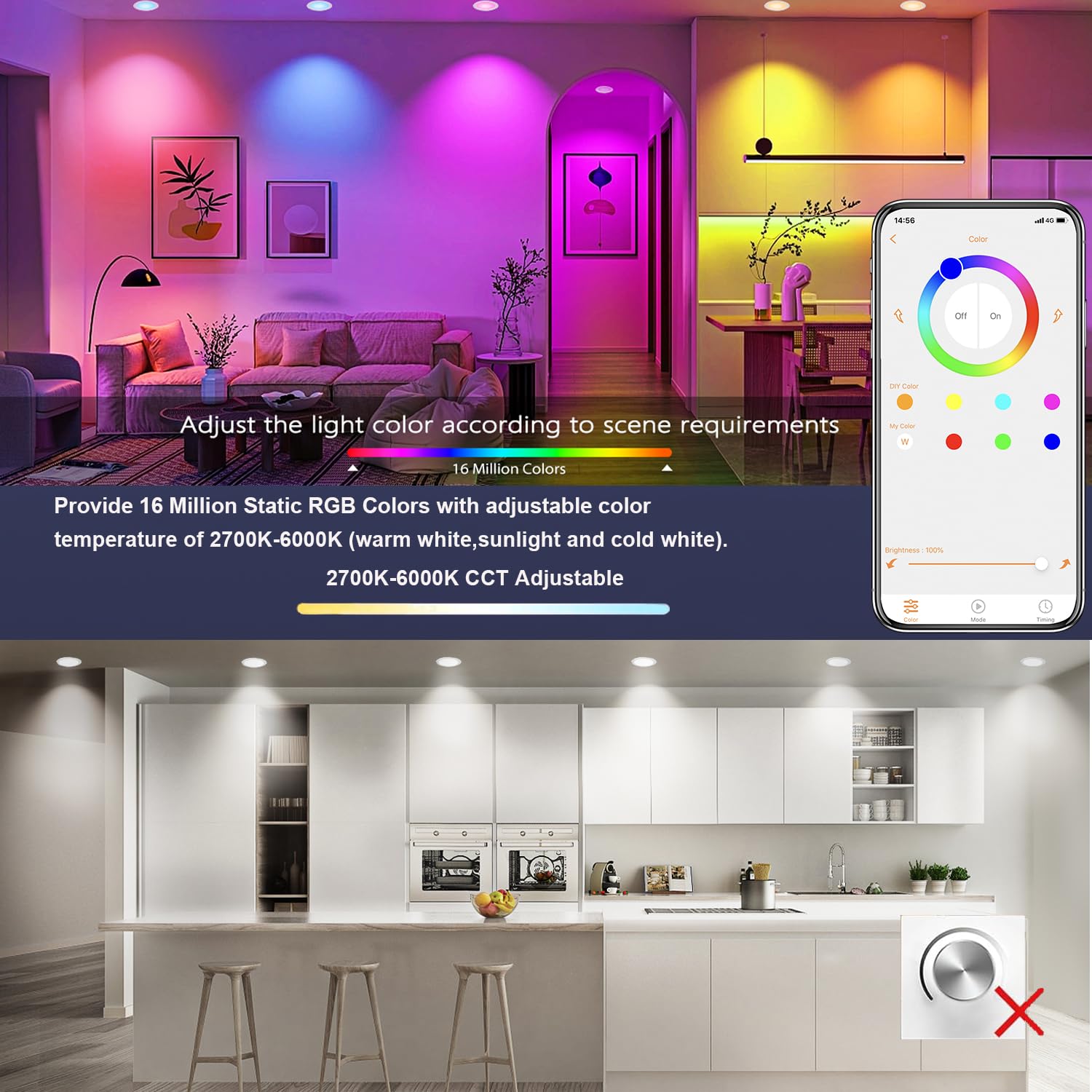 RICHSING 6" RGBW Smart Recessed Lighting - 16W LED, Dimmable, Aluminum, 4 Pack, Compatible with Alexa and Bluetooth