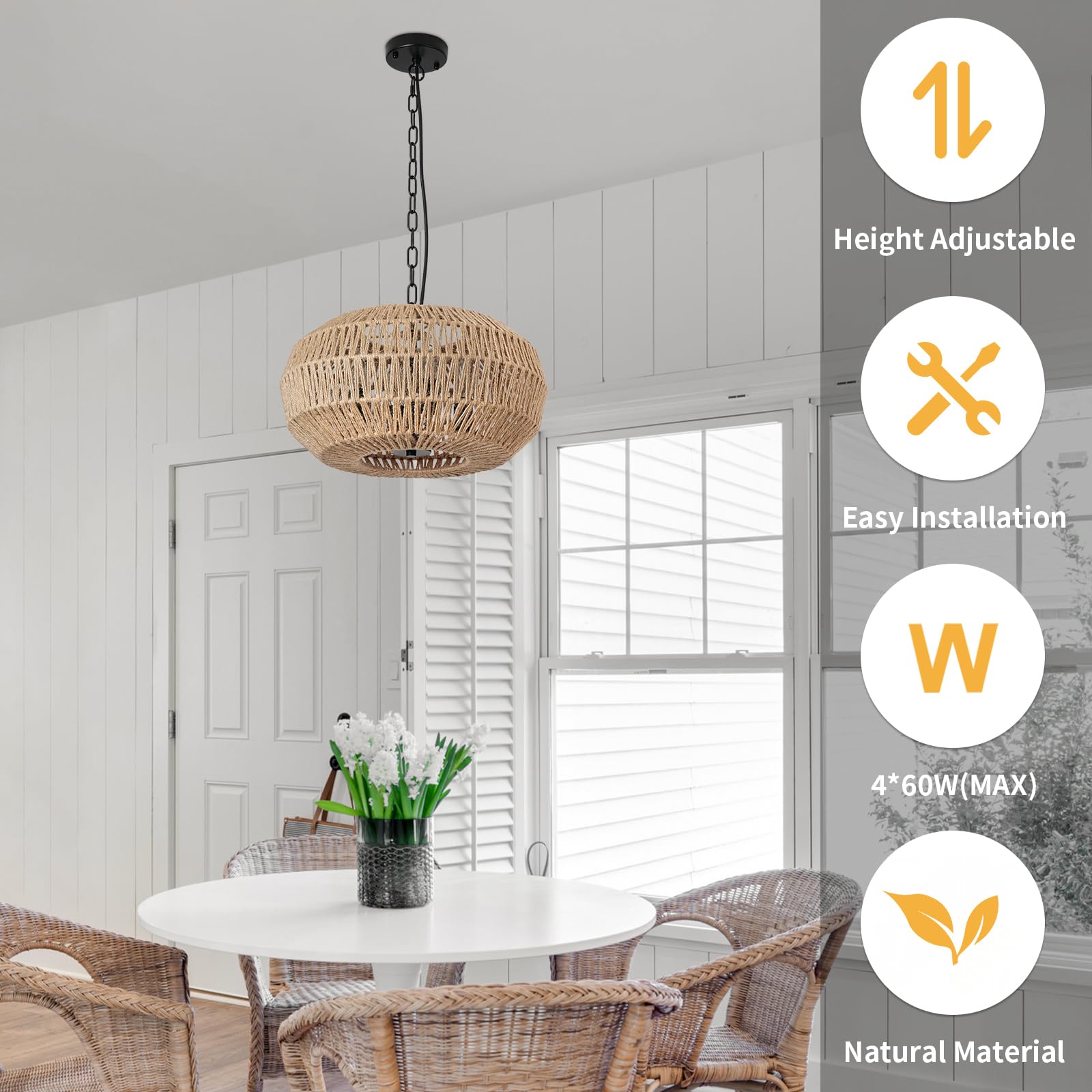 Foucasal 4-Light Boho Rattan Pendant Light - Large Hand Woven Chandelier For Dining Room, Brown