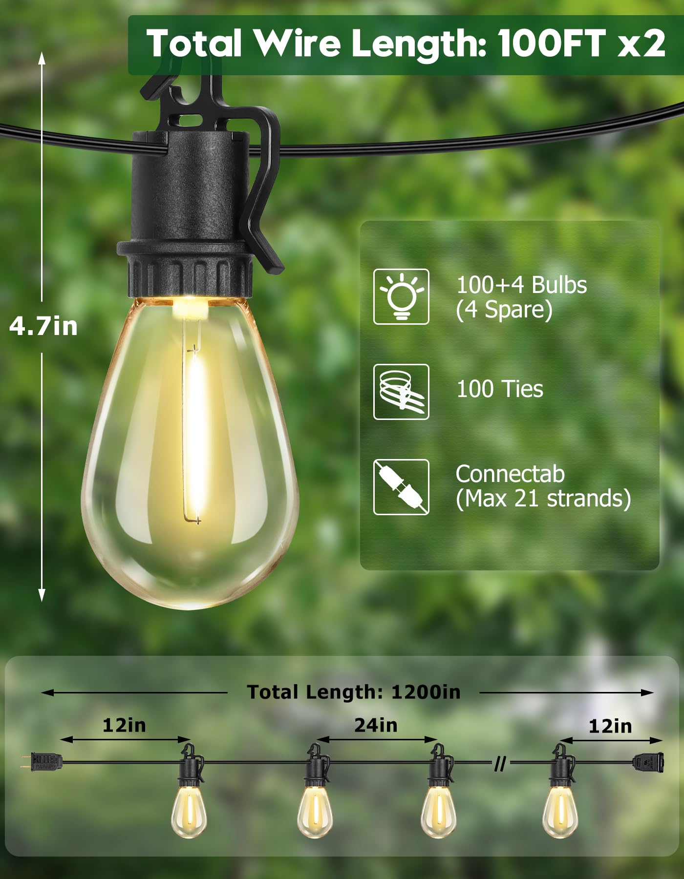 TDLOL Outdoor String Lights, 200FT, 104 Shatterproof S14 Bulbs, Dimmable, IP55 Waterproof, Patio, Garden, Model GYPC-O50LAU