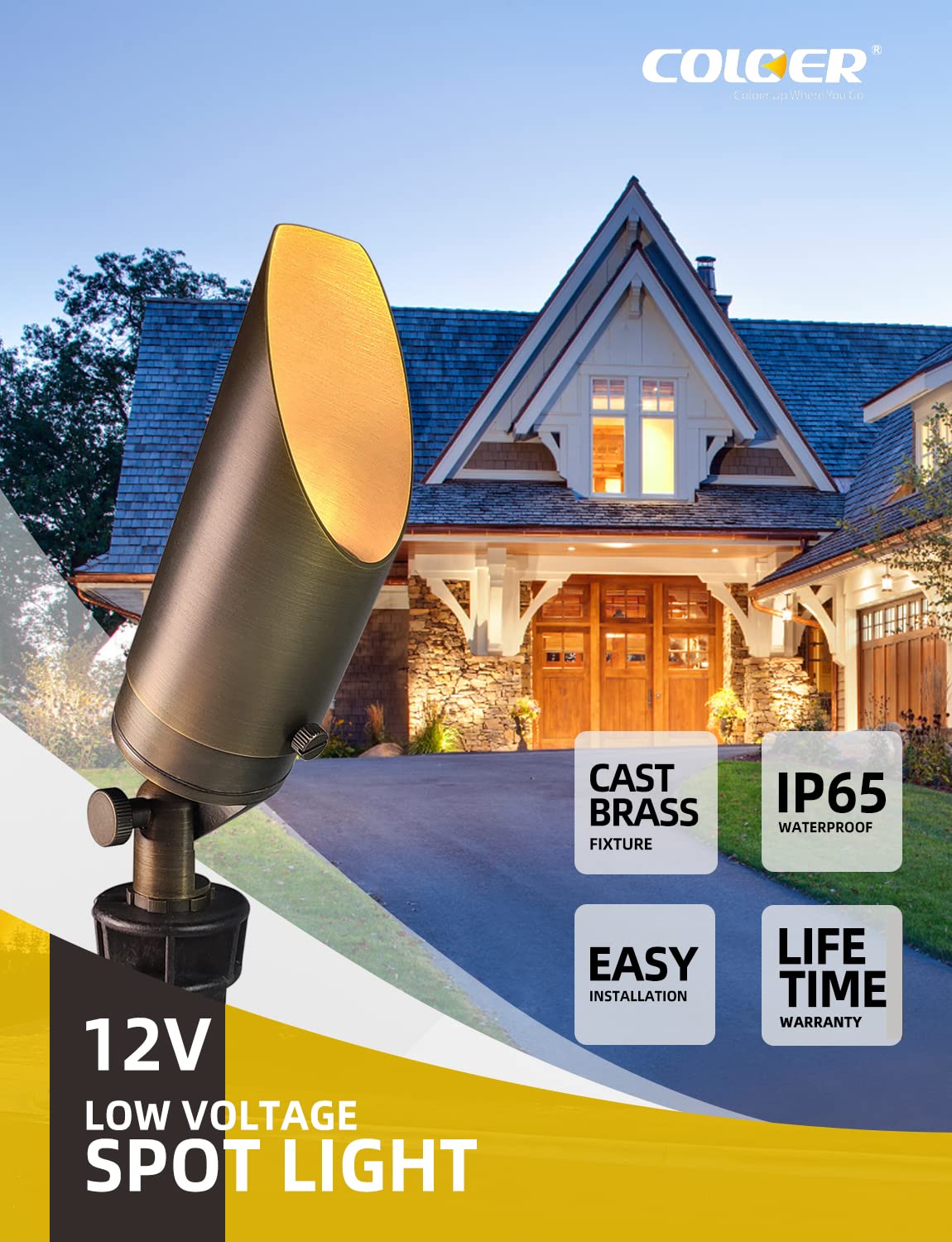 Coloer Die-Cast Brass Landscape Spot Lights Outdoor With 5W Aluminum Housing Led Mr16 Bulb 2700K 450Lm, 12V Ac/Dc Low Voltage Led Landscape Lighting, Outdoor Directional Up Light(103B, 1-Pack)