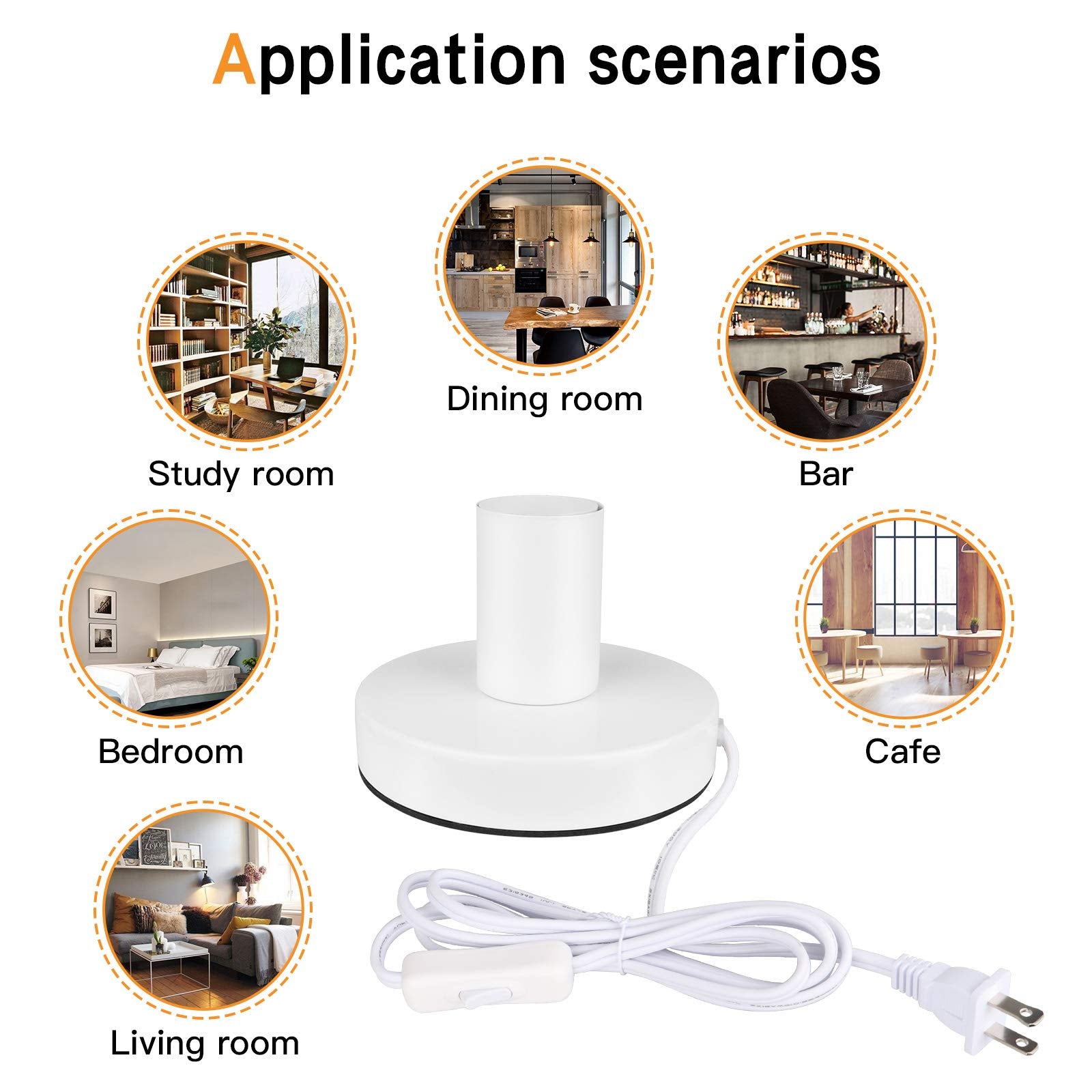 Helunsi E26 E27 Industrial Table Lamp Base, White Metal Mini Desk Lamp With 5.8Ft Cord