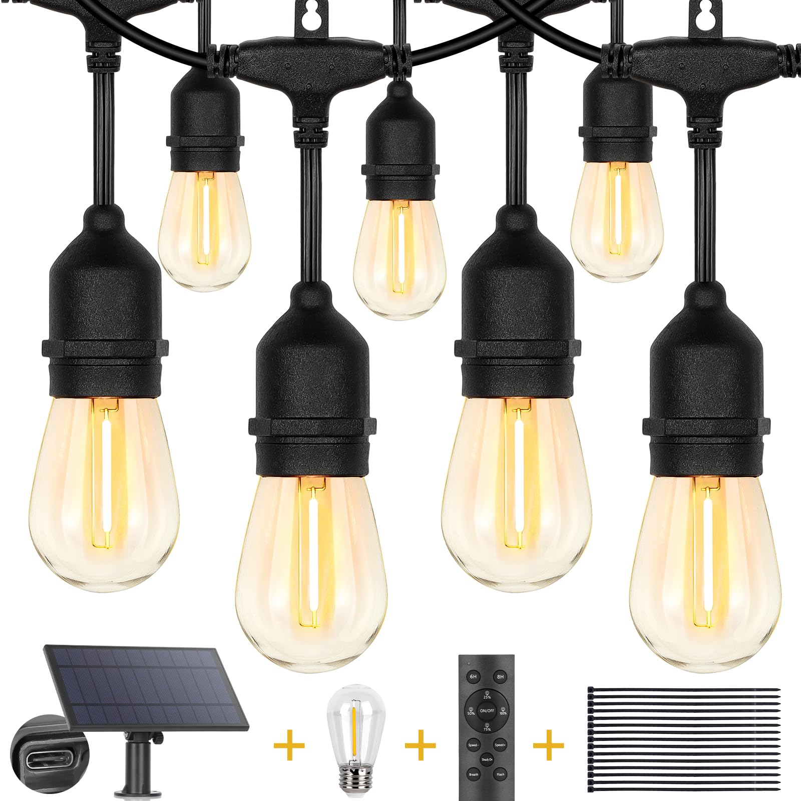 ZJOJO Solar String Lights 60FT, 15 Shatterproof Bulbs, Waterproof, Black, Model GY-S-E2615