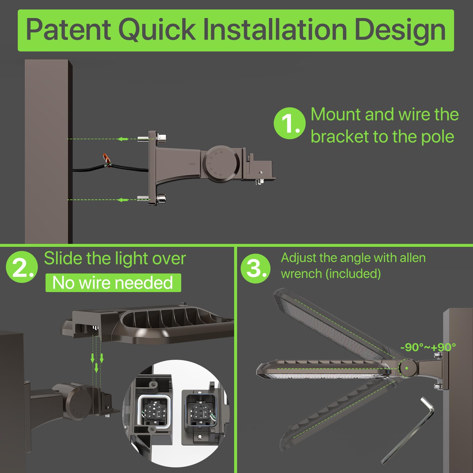 Glitgate 300W Led Parking Lot Light 45000Lm 5000K Adjustable Arm Mount Street Light With Dusk To Dawn Photocell, 100-277V Ip65 Outdoor Waterproof Commercial Area Lighting