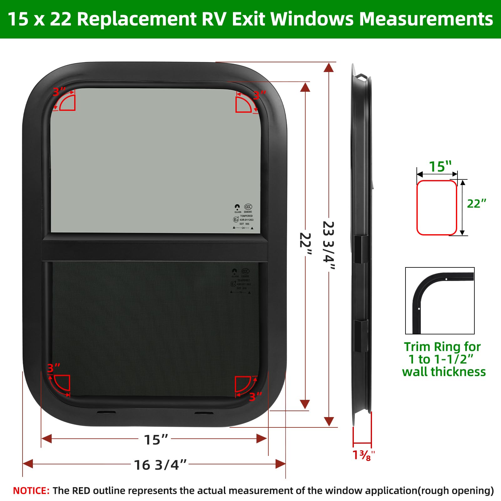 NOVINO RV Windows Replacement for Cargo Trailer, 15inW x 22inH, Vertical Sliding, Black, Model NRW-004, Fits 15/16in or 1-3/8in