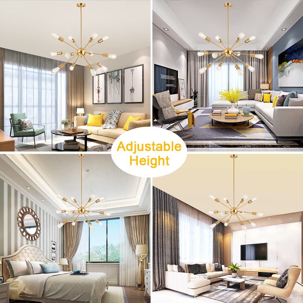 Bonlicht Contemporary 12 Light Brushed Brass Sputnik Chandelier Mid Century Modern Sputnik Kitchen Island Dining Room Pendant Li