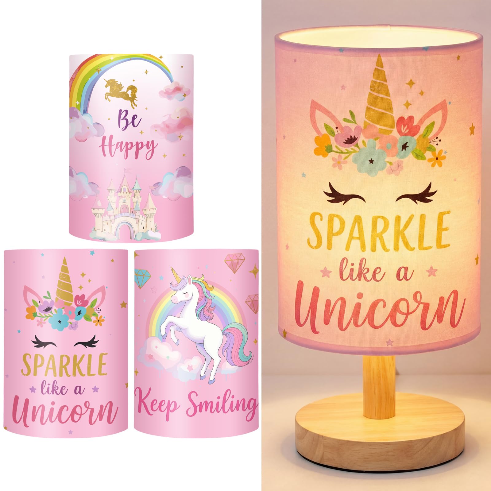 Tujoe 3 Pcs Interchangeable Unicorn Bedside Table Lamp Fabric Nightstand Table Lamp for Kids Room Desk Reading Bedroom Night Sta