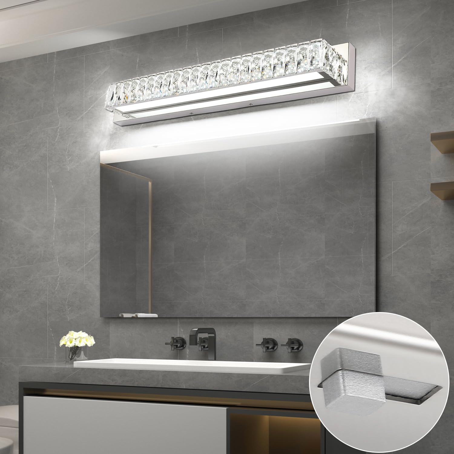 ZUZITO 30in LED Bathroom Lights - Modern Crystal Vanity Wall Lighting, Dimmable, Chrome Finish, Model 7500-760mm-6200k-5CCT