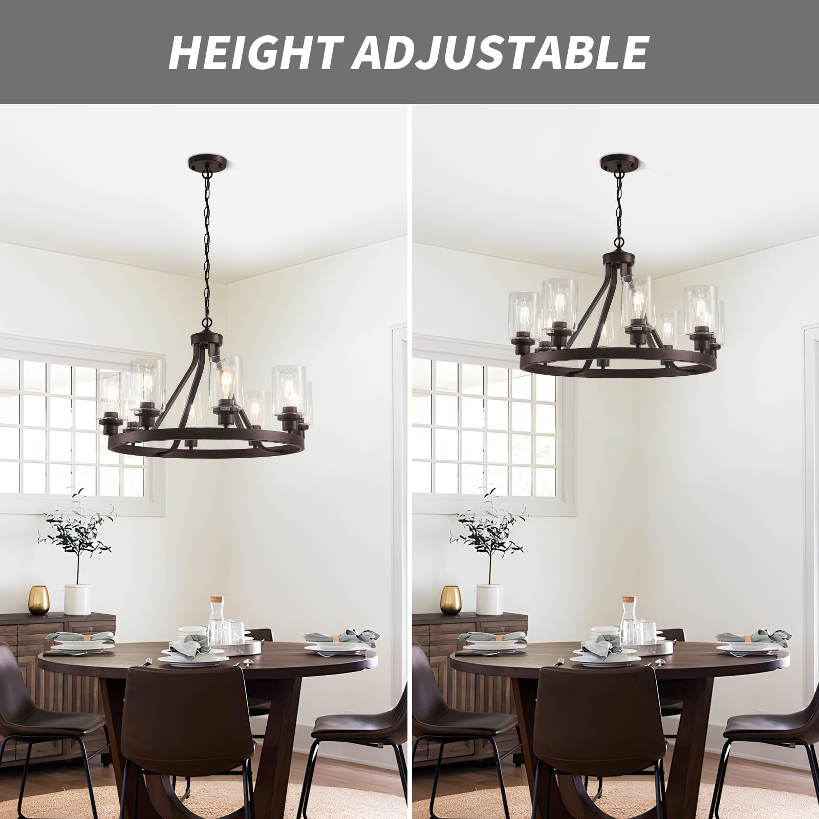 Lanhall 8-Light Chandelier, Oil-Rubbed Bronze Metal, Adjustable Height, Model 1066, Glass Globes, Rustic Ceiling Pendant Light