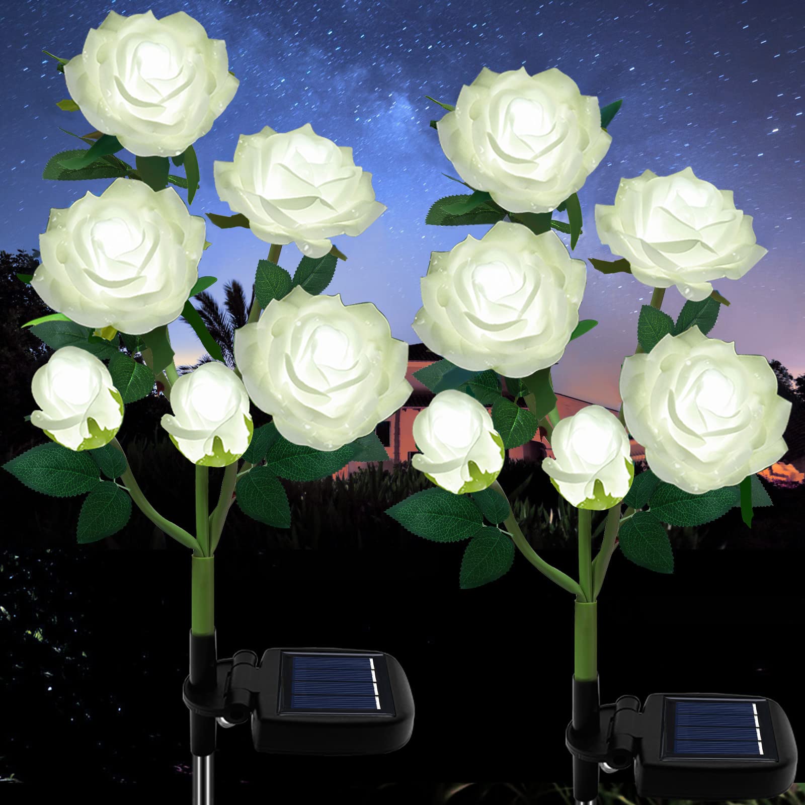 TYNLED Solar Garden Stake Lights, 6 Rose Flowers, Waterproof, 2 Pack, White