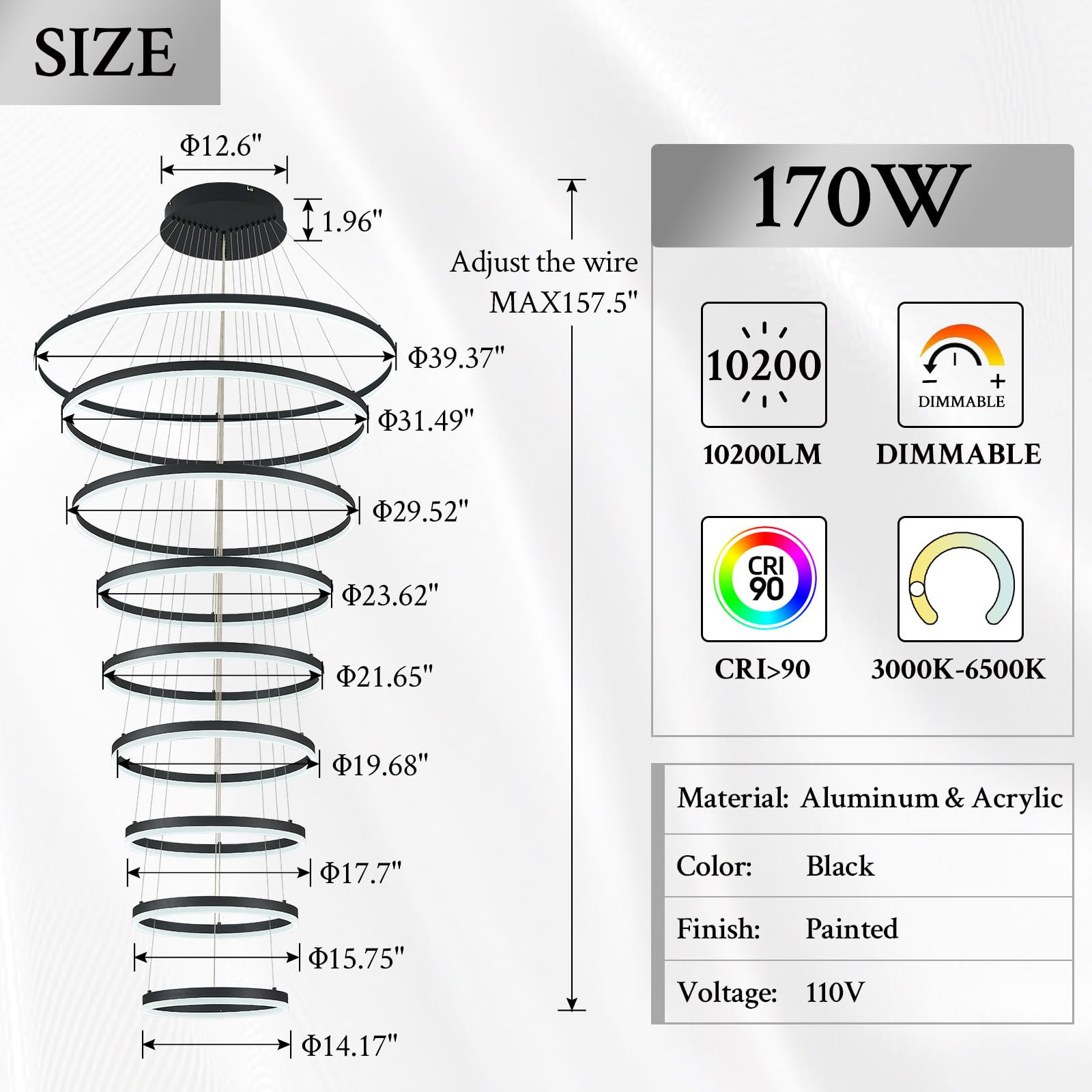 Sparklelf LED Chandelier, 9 Rings, Dimmable, 39.4in, Black, Acrylic, Remote Control, 3000K-6500K for High Ceilings