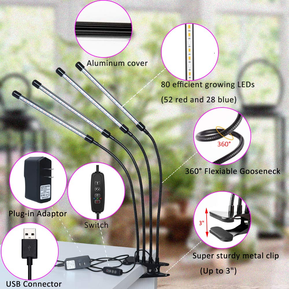 Felibeaco 80W Plant Grow Light - 4 Head LED, Full Spectrum, Auto Timer, Dimmable, Flexible Gooseneck, Black, Clip Model 55dde8ba