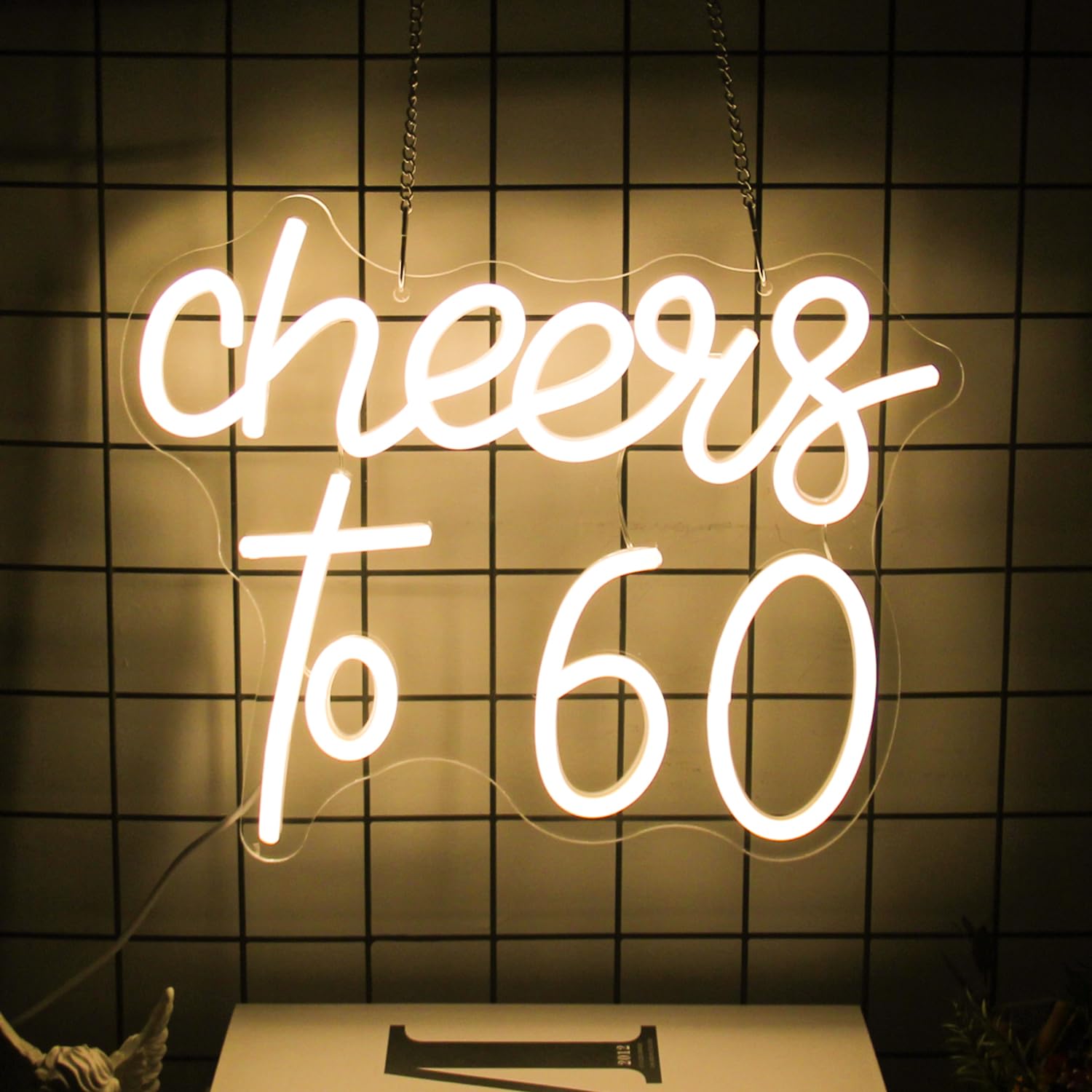 CKTBLEY Cheers to 60 Neon Sign - LED Wall Decor - Warm White - Acrylic - Model CC-Cheers 60 - 60th Birthday Party Decor