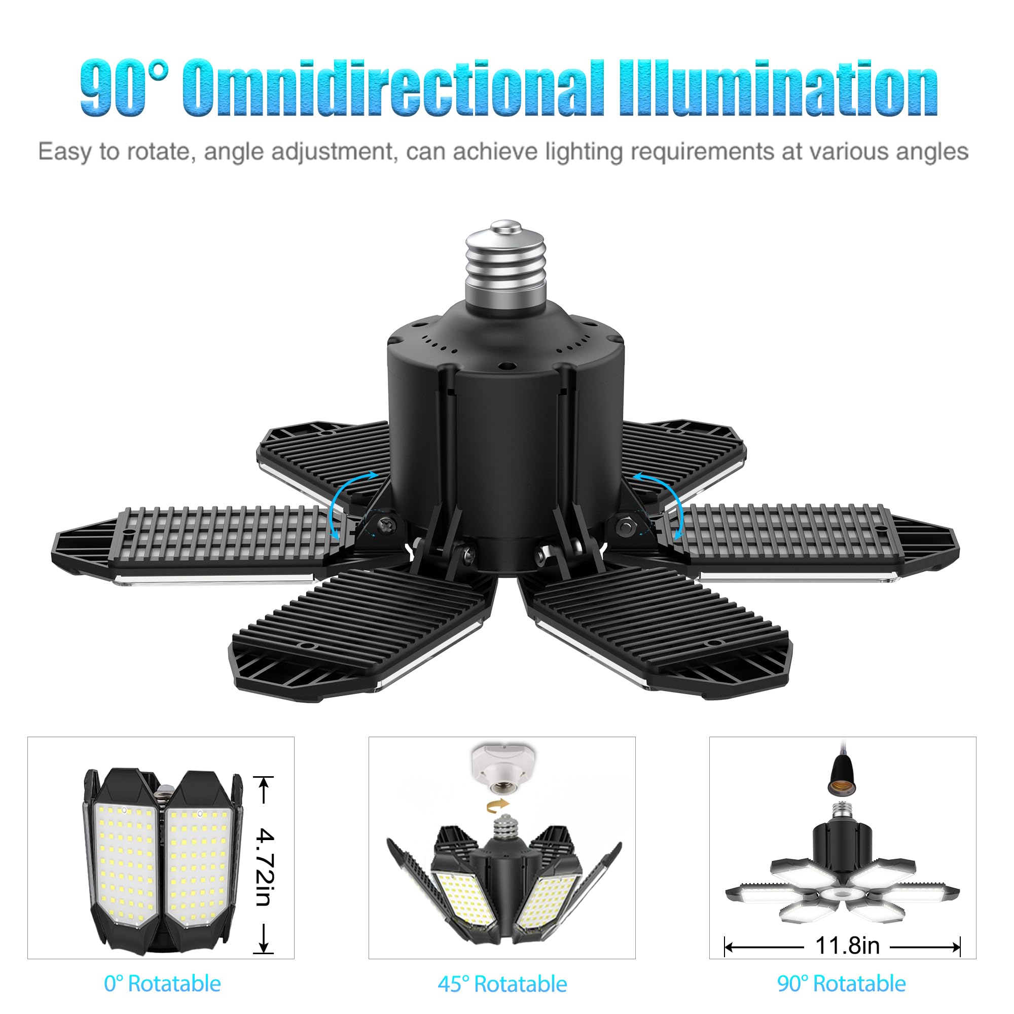 Brainiac Led Garage Light Bulb 150W 15000Lm Deformable Led Garage Ceiling Light With 6 Adjustable Panels, E26/E27 Screw-In Shop