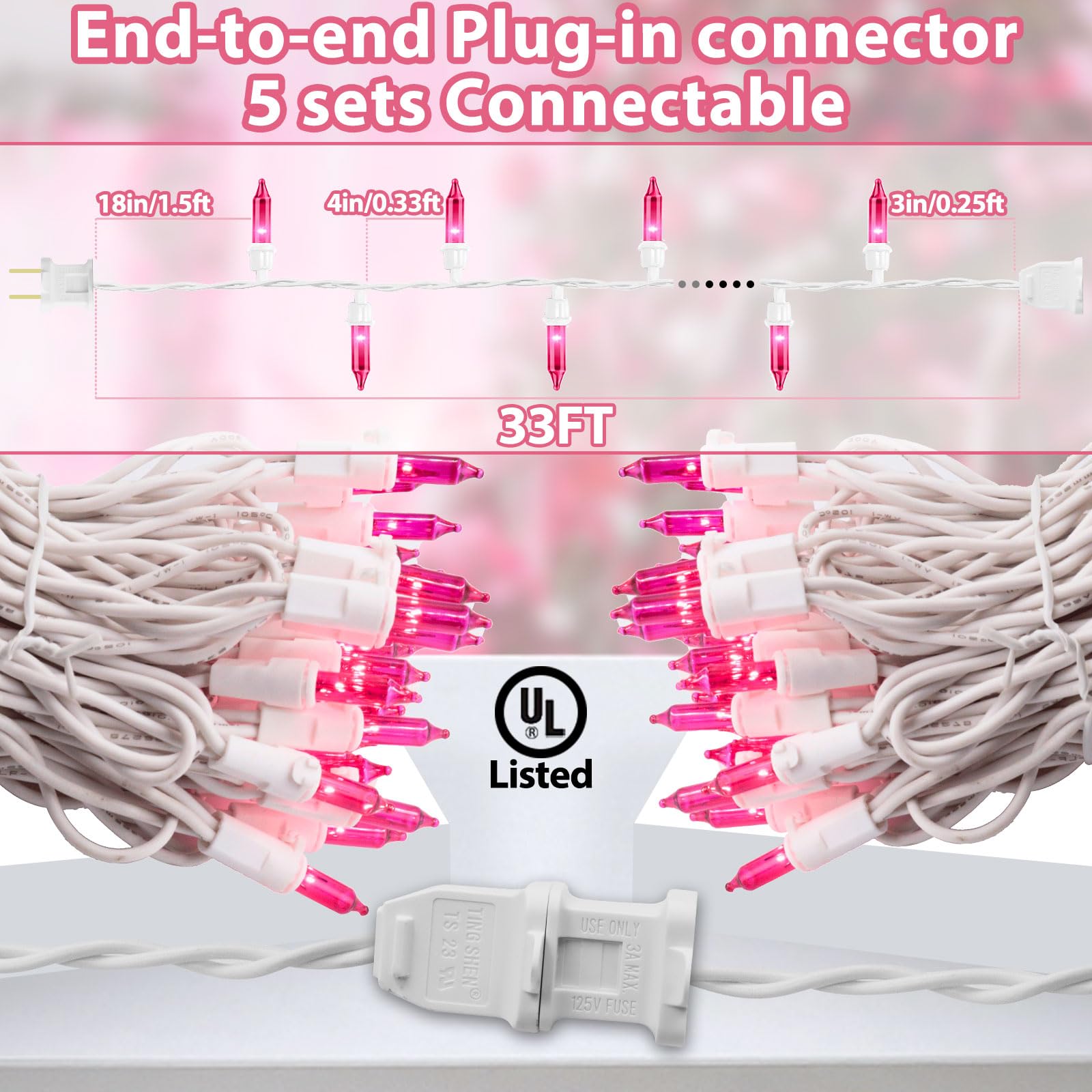 Cxlho Pink String Lights 33Ft 100 Incandescent Bulbs Pink Mini Lights With White Wire For Valentine'S Day, Wedding, Garland, Tha