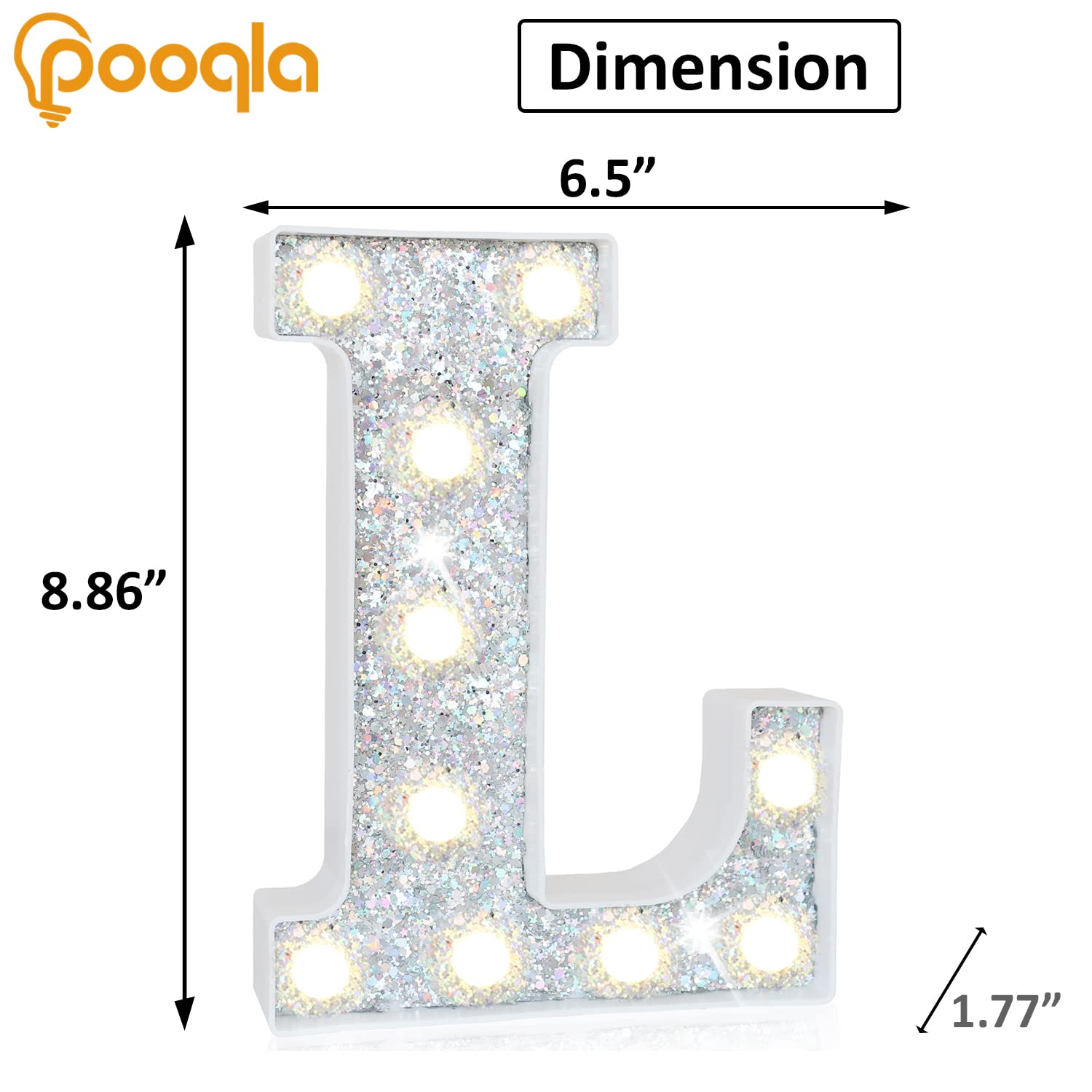 Pooqla LED Marquee Letter Lights, Sequin Silver, Battery Powered, Glitter Alphabet Sign for Parties and Home Decor