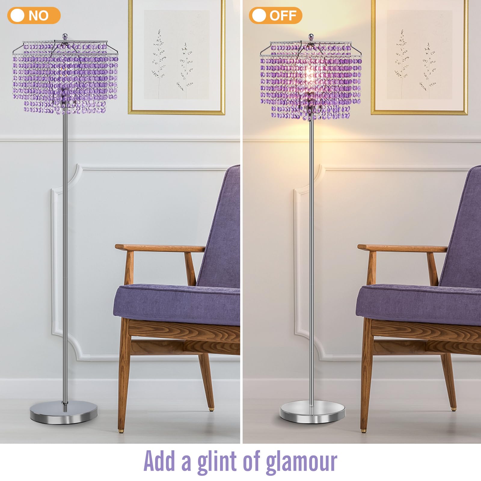 Crystal Floor Lamp Purple, 64'' Tall Standing Lamps With Double-Layer Lampshade, Elegant Floor Lamp With On/Off Foot Switch, Sta