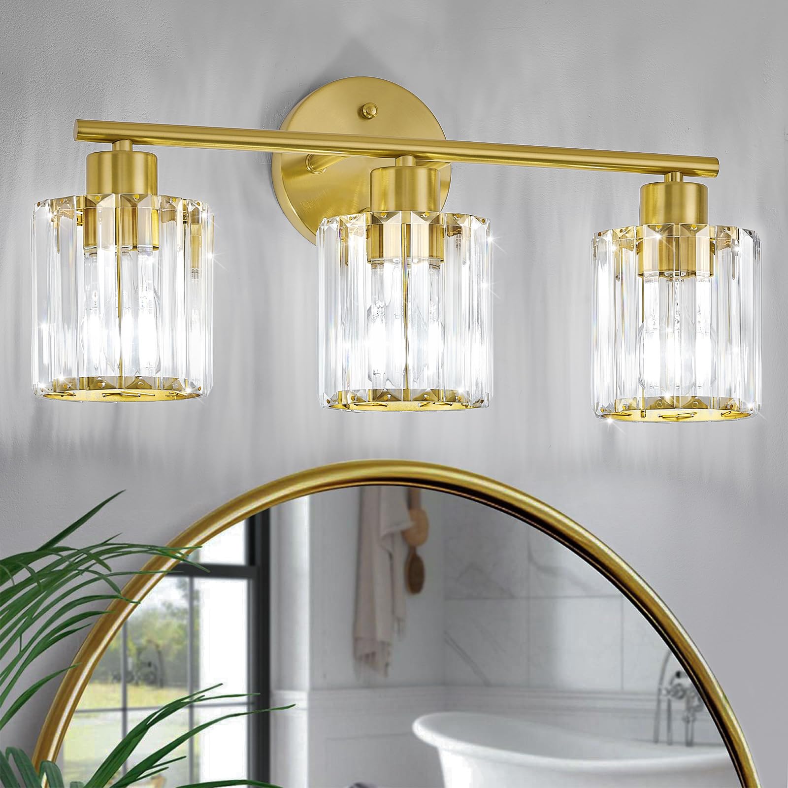 Kvhiiw Crystal Bathroom Light Fixtures,Bathroom Lighting Fixtures Over Mirror, Modern 3-Light Gold Vanity Lights for Mirror, Res