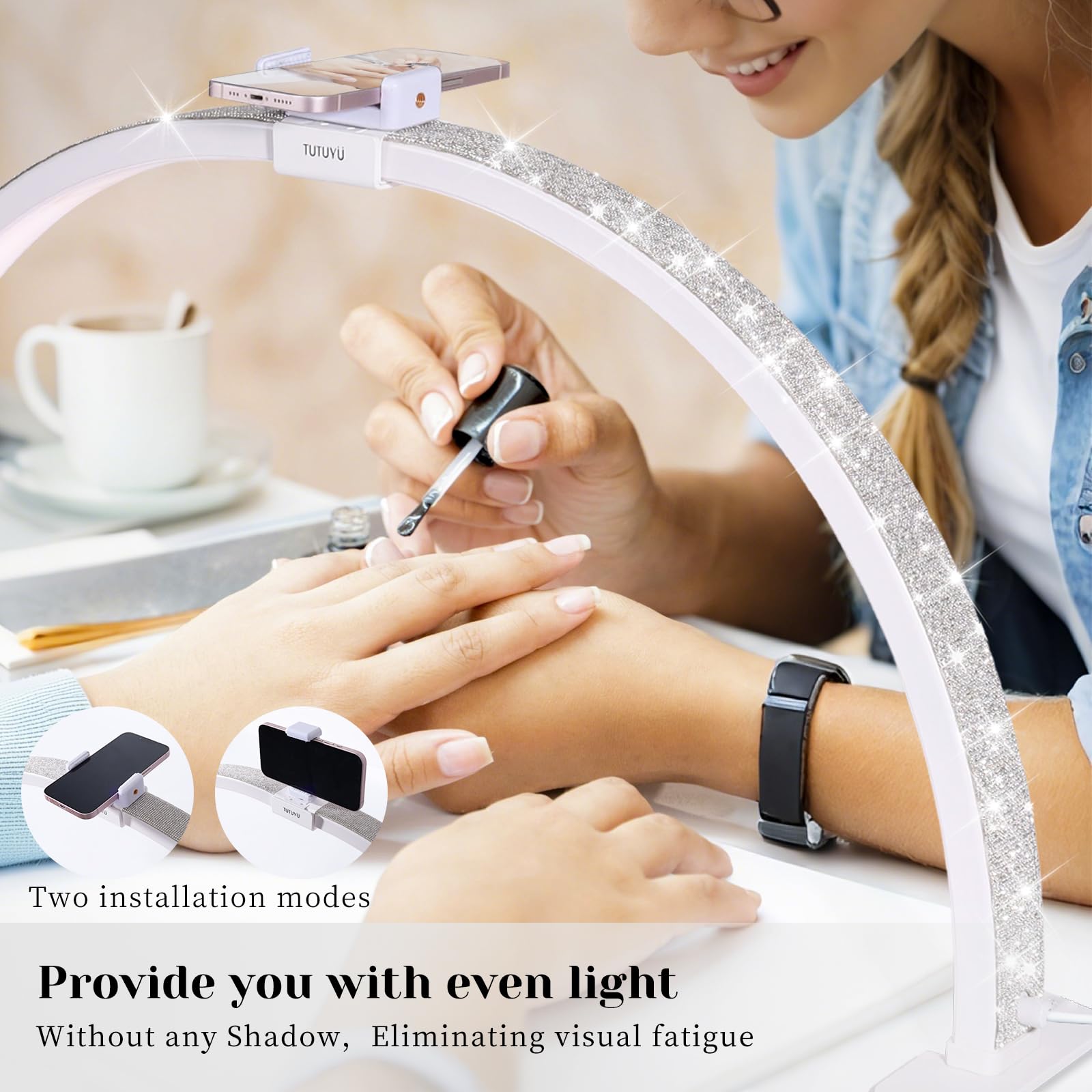 Tutuyu 31.5 In Half Moon Light For Nail Desk, Lash Light For Eyelash Tech, Manicure, Makeup, Tattoo, Spa, Salon, Nail Tech Lamp
