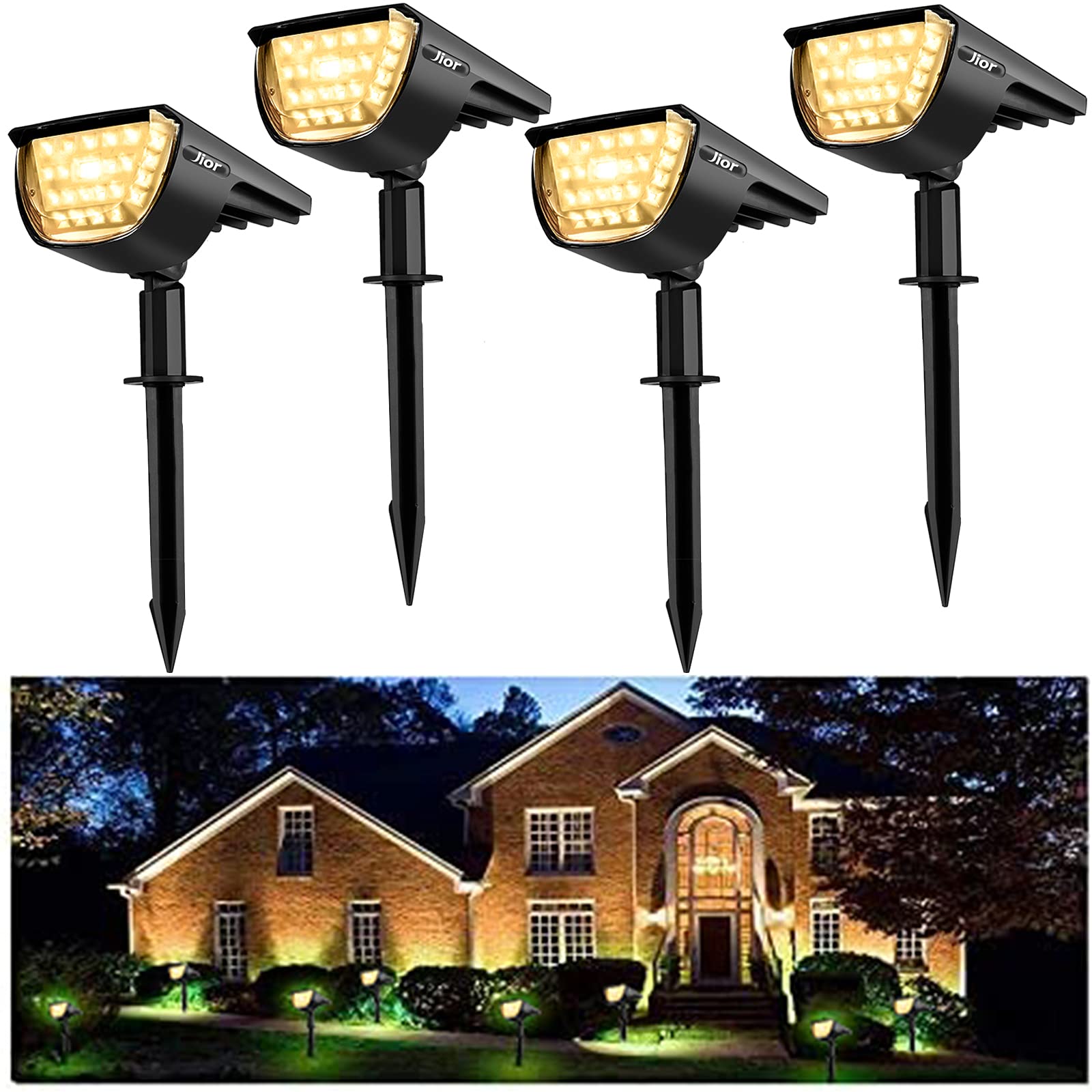 Jior Solar Landscape Spot Lights, 32 Led Waterproof Adjustable Lights, Warm White, 4 Pack