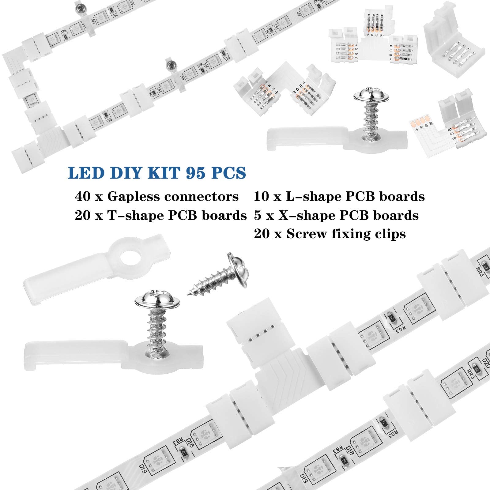 Mudder 95 Pieces 4 Pin Led Light Strip Connectors Set Including Screw Clips, 4 Pin Led Connectors, Cuttable T, L And X Shape Pcb