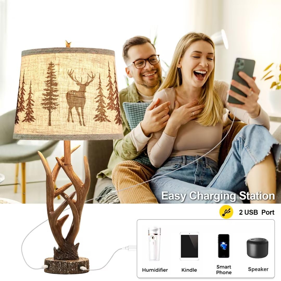 Dungoo 26&quot; Touch Control Antler Table Lamps Set Of 2, Dimmable With Usb Ports, Rustic Farmhouse Decor