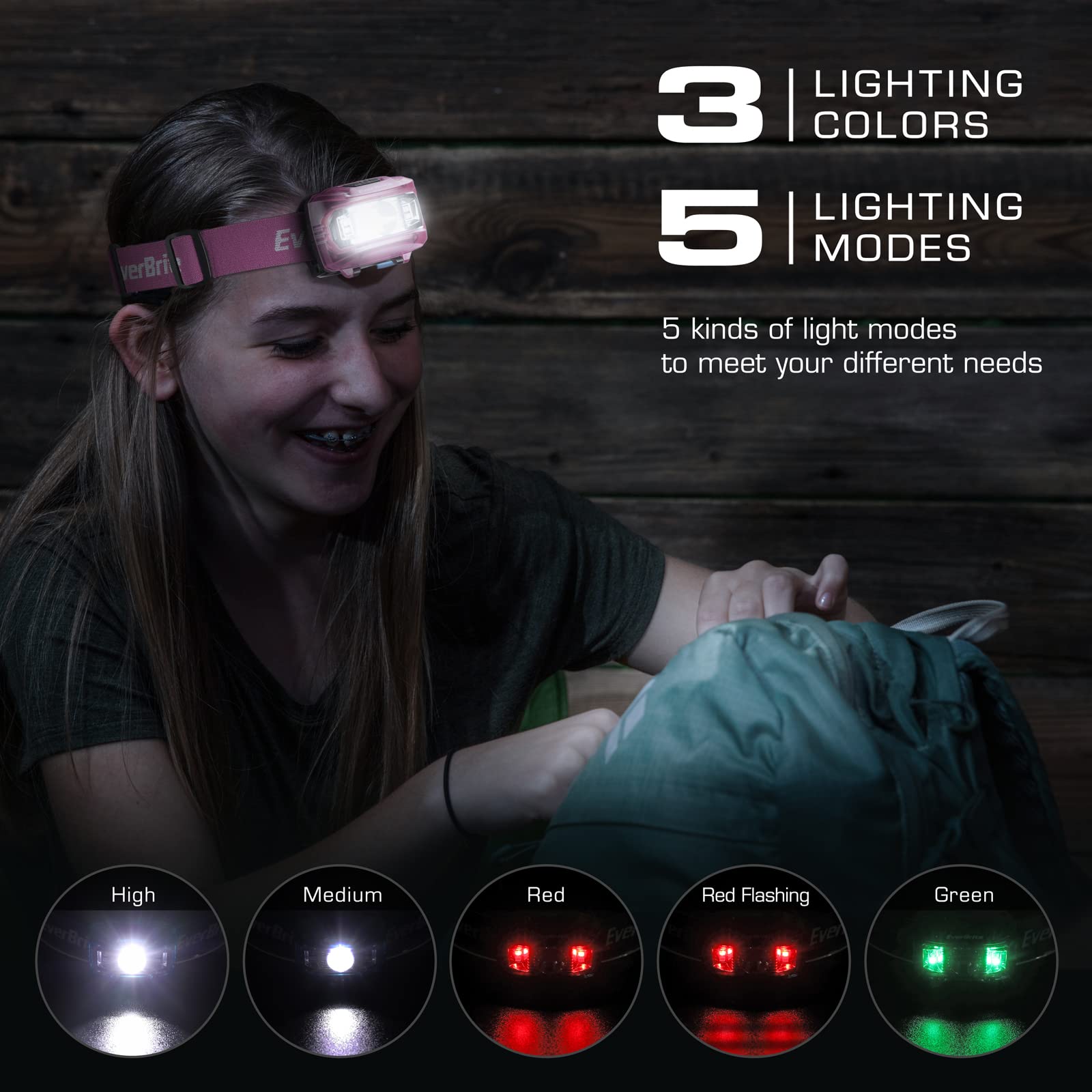 EverBrite Headlamp 2 Pack - Kids & Adults, Adjustable Pink, 5 Modes, Red Light, Durable Plastic, Model E001023, Batteries Included