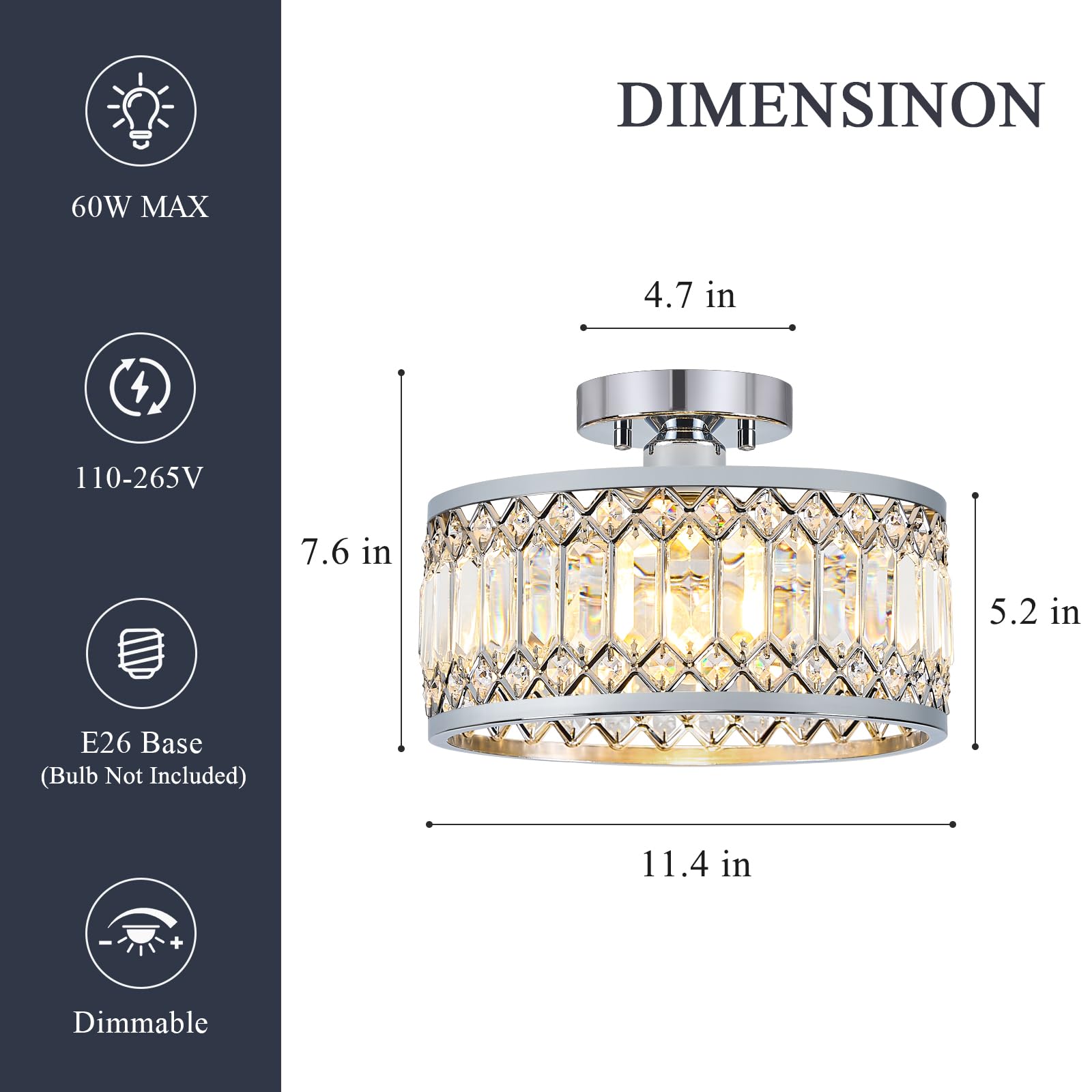 Pevfah Crystal Chrome Ceiling Light, Modern 1-Light Fixture, 11.4 Inch, Semi Flush Mount for Hallway, Kitchen, Bedroom, Model SJ250521002