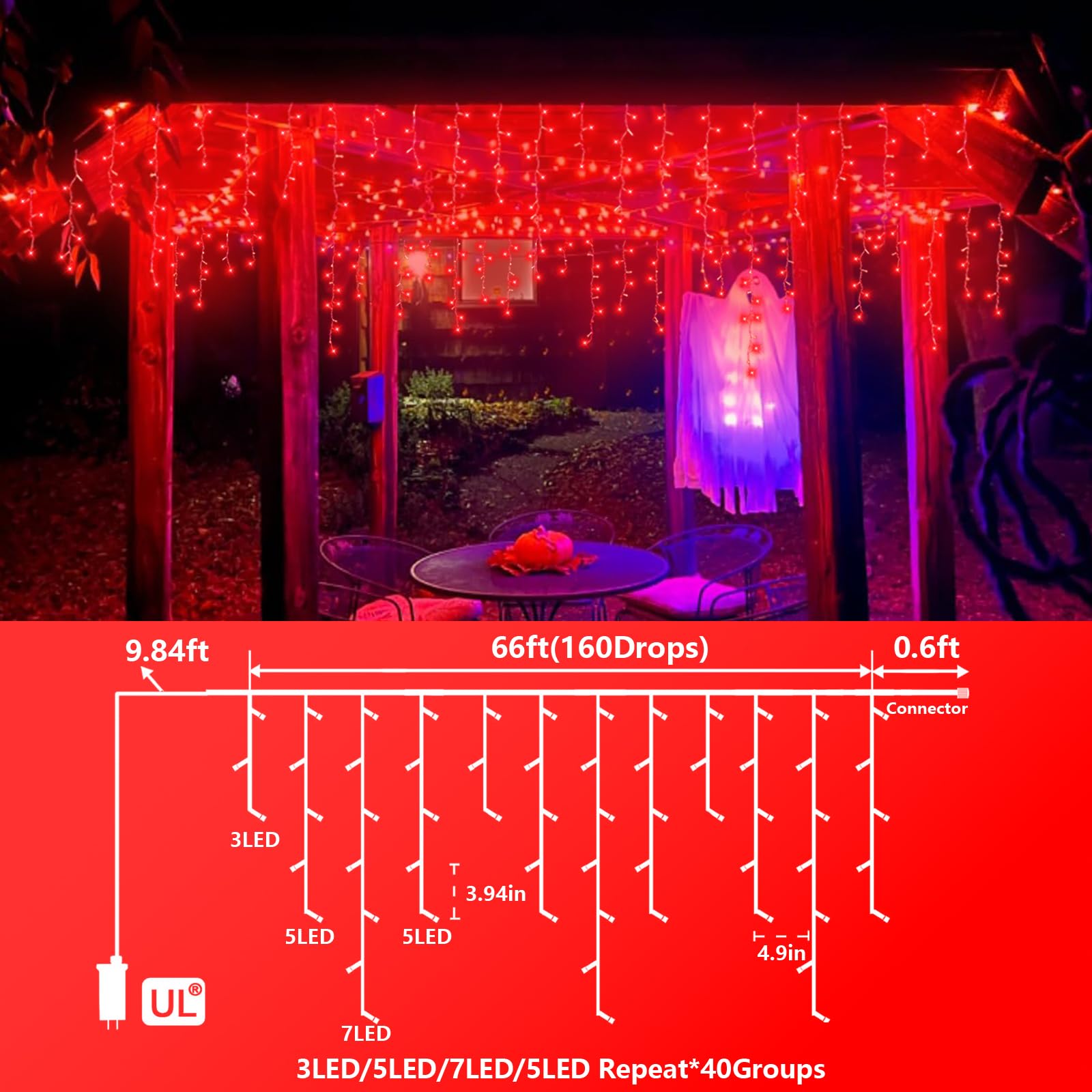 YEGUO 33ft 400 LED Red Icicle Lights, 80 Drops, 8 Modes, Connectable, Model JT-EL/FC300V0200-C